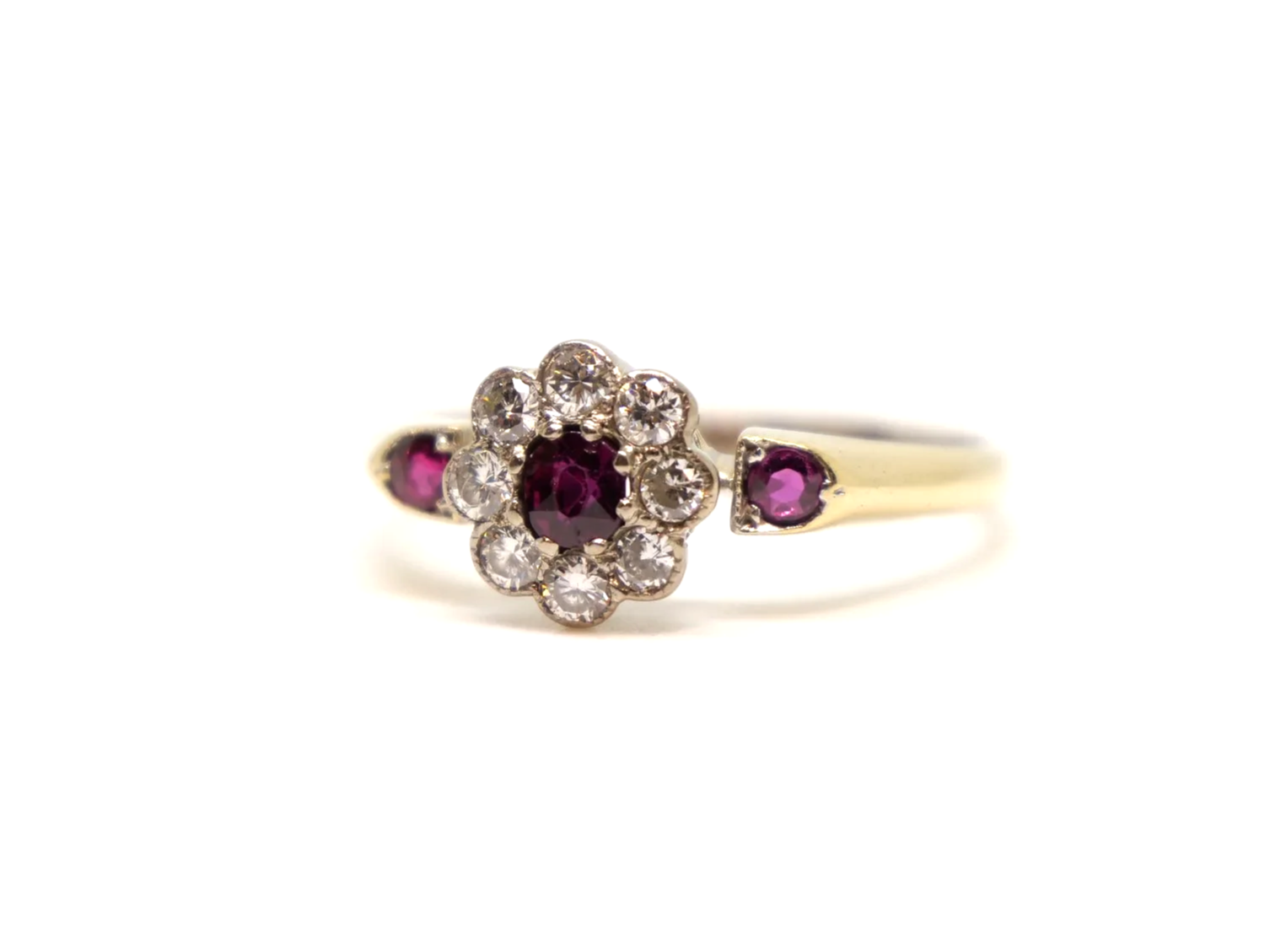 18ct gold ruby and diamond cluster ring, vintage 1978