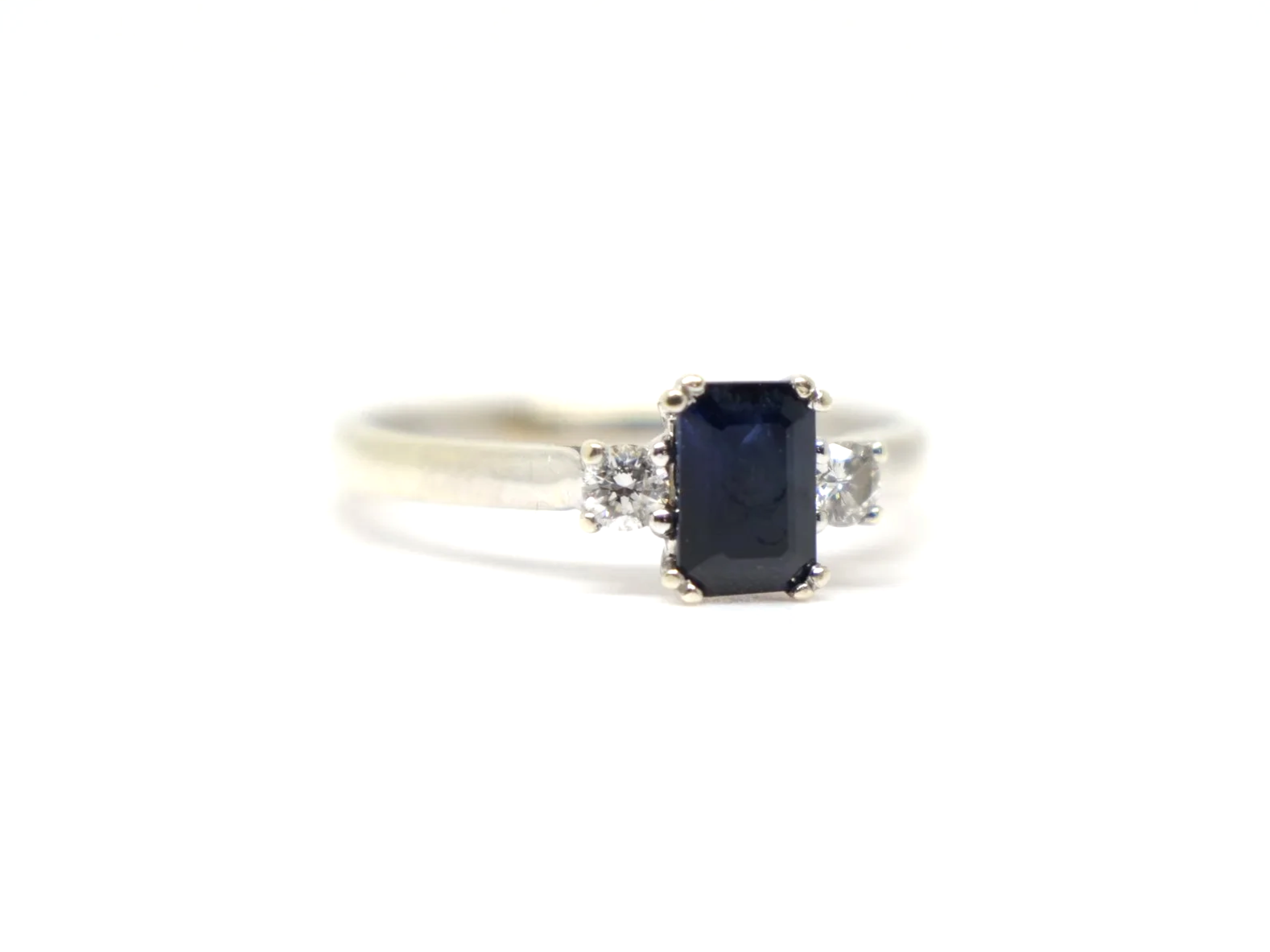 9ct Gold Emerald Cut Sapphire & Diamond Three Stone Ring