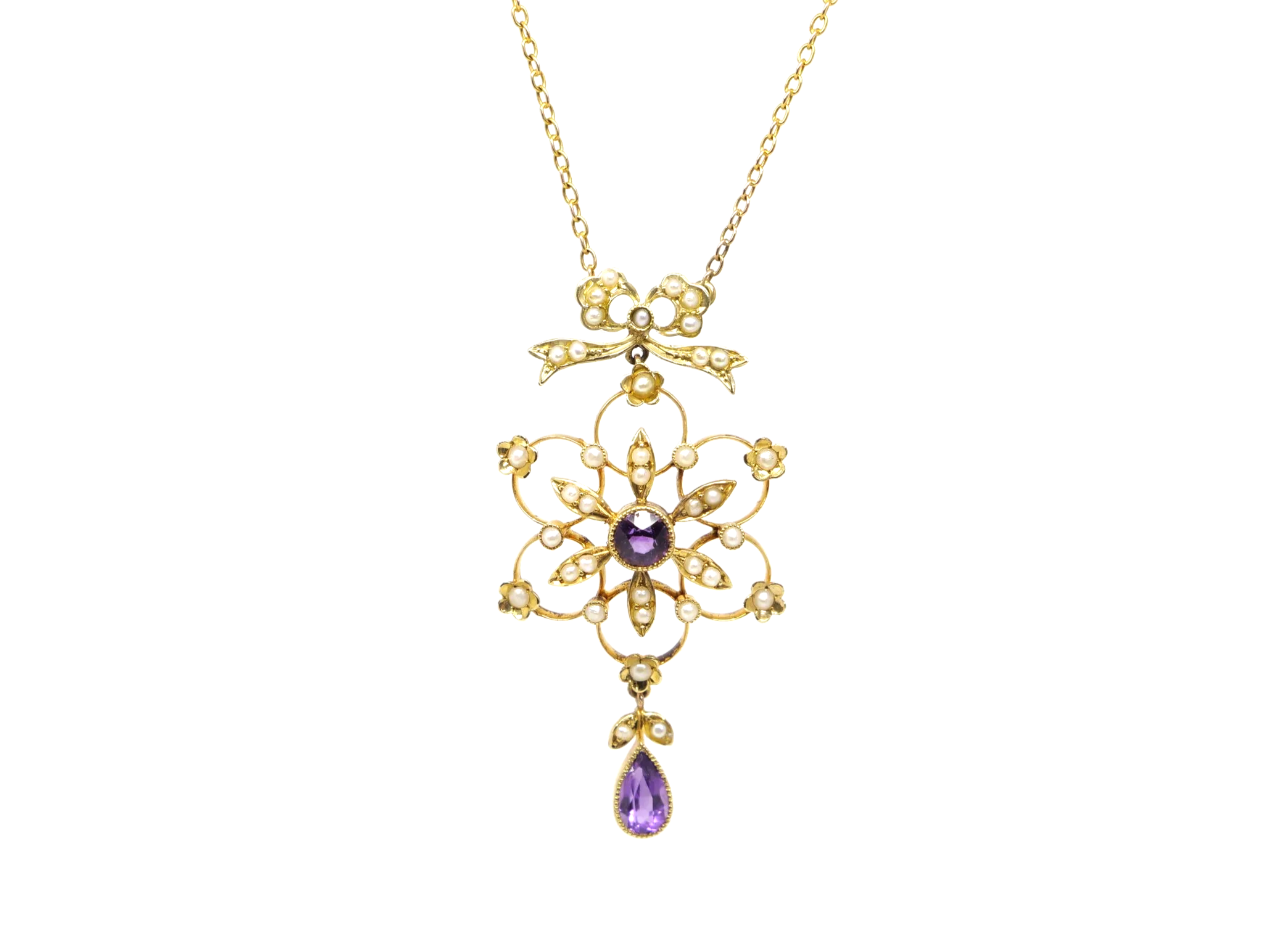 Vintage 15ct gold amethyst and seed pearl necklace, with a beautiful bow and snowflake design.