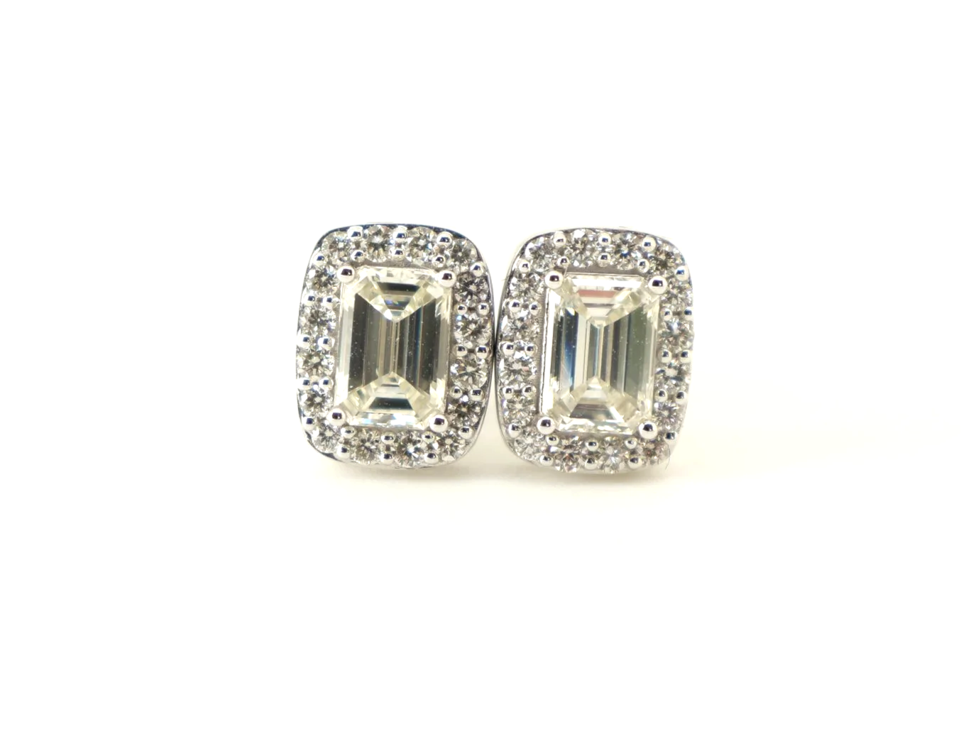 18ct white gold emerald cut diamond halo stud earrings
