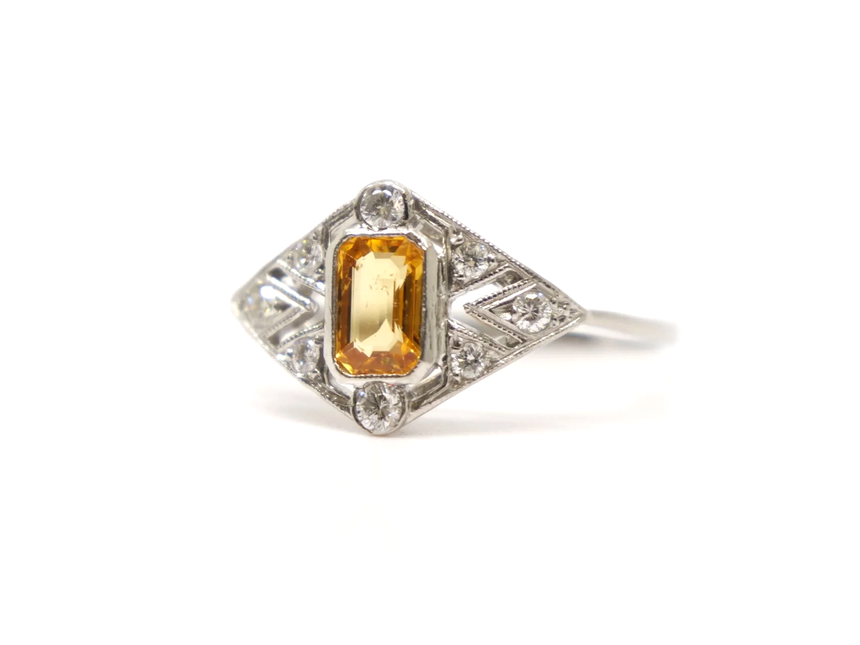 Platinum Yellow Sapphire and diamond art deco design ring