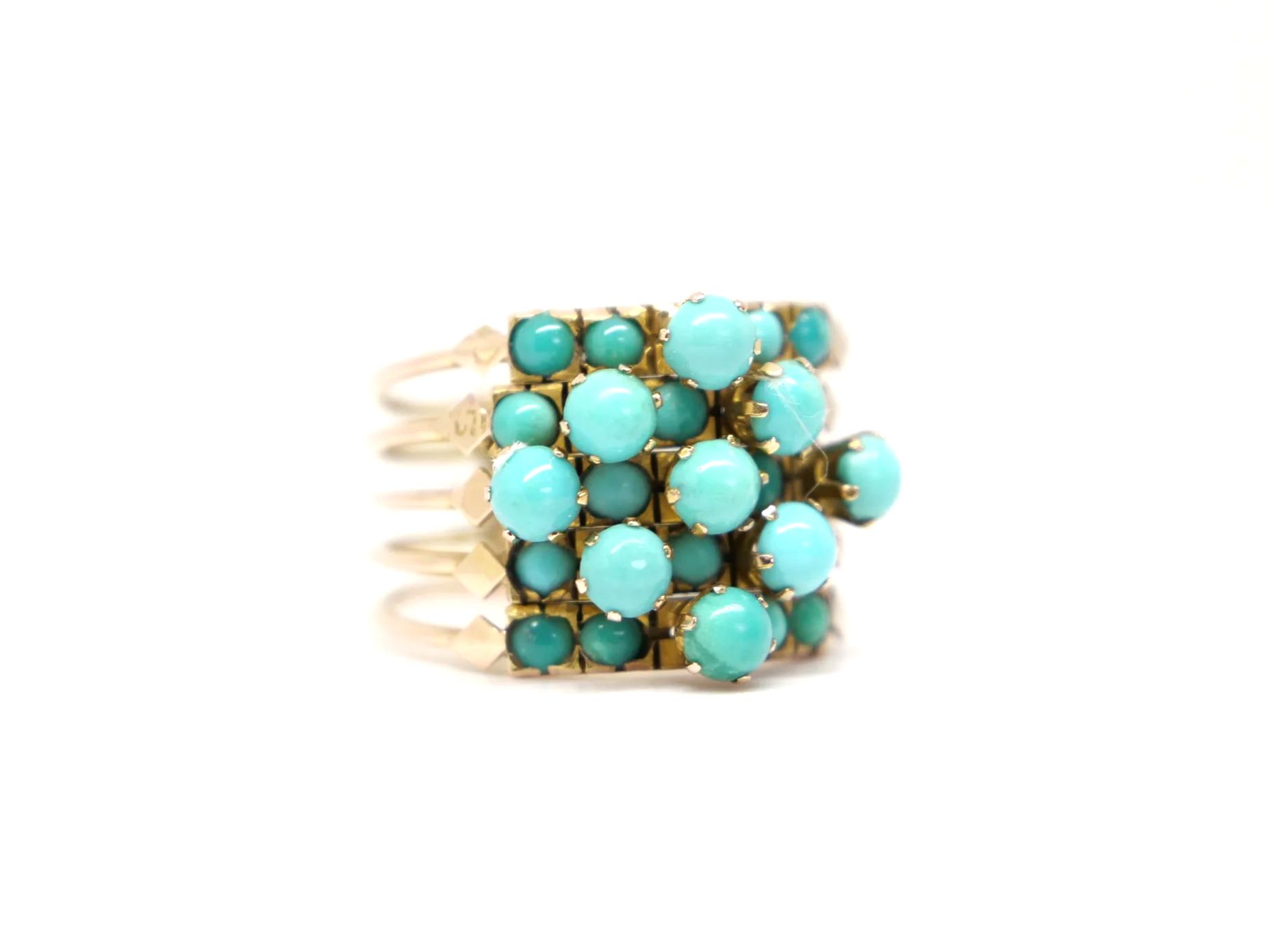 vintage 14ct gold harem ring set with a grid of round turquoise cabochons
