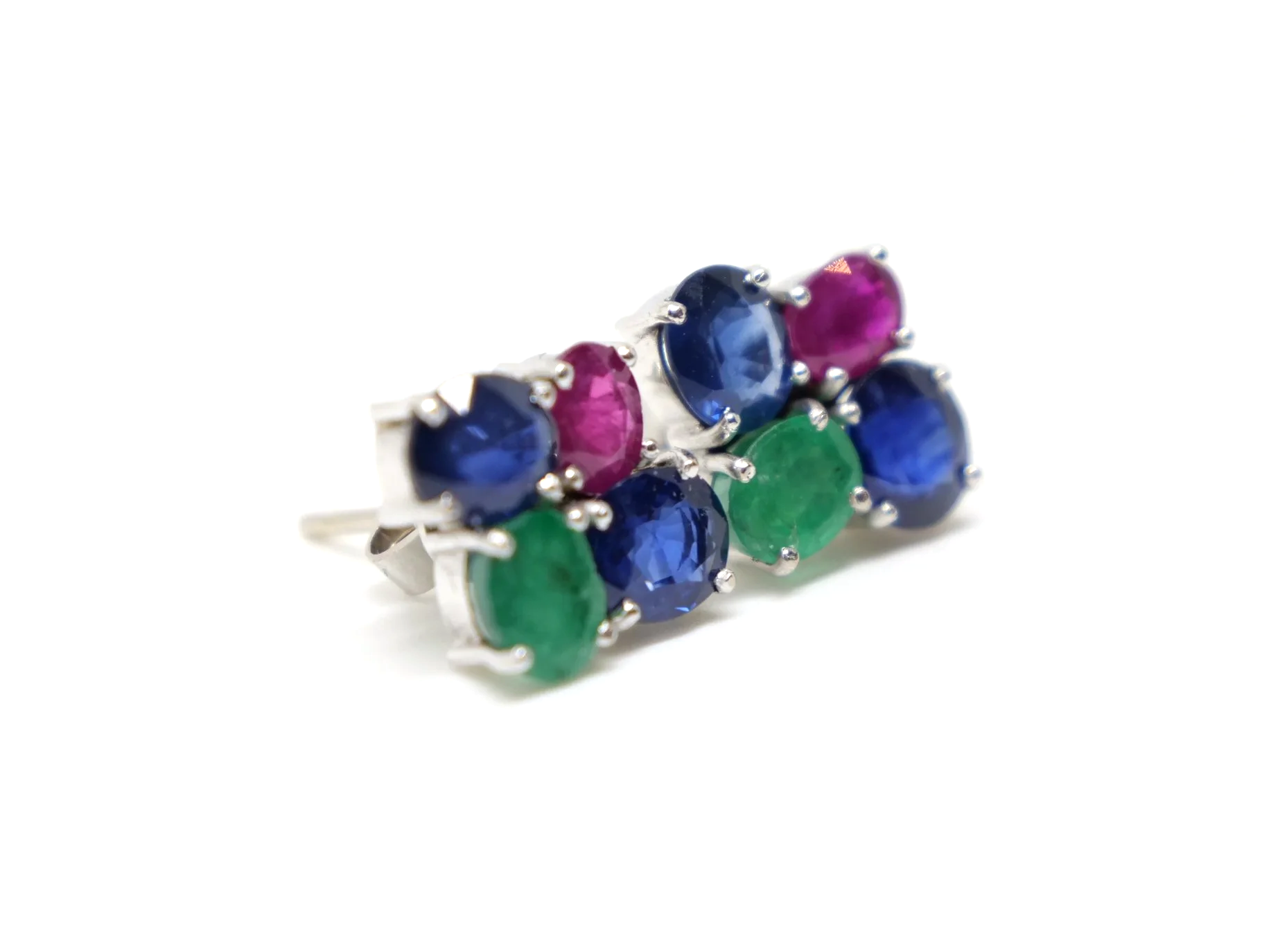 Beautiful bespoke 18ct gold sapphire, emerald and ruby earrings, set with two lovely oval cut sapphires, a ruby and an emerald in each.