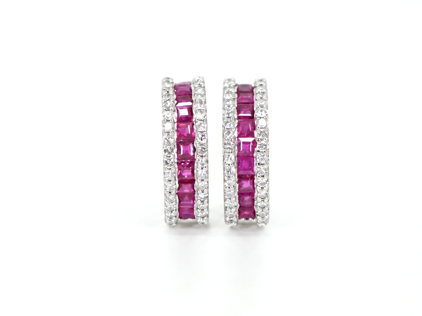 18ct white gold hoop earrings with channel-set rubies bordered by pavé diamonds
