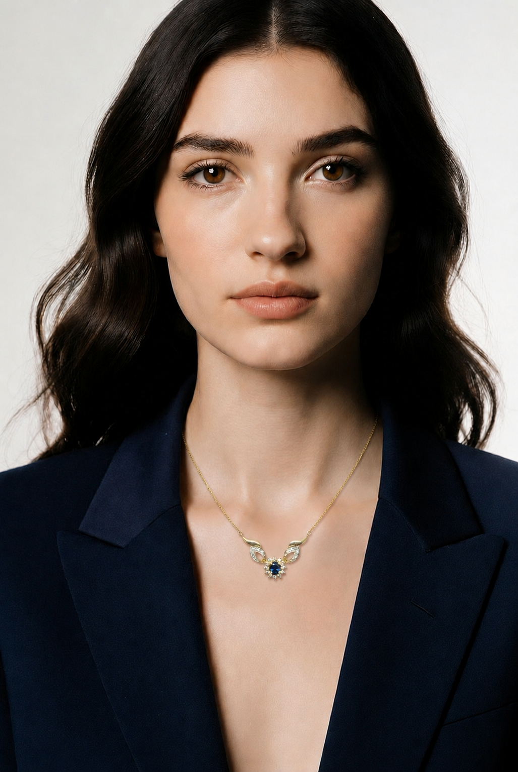 Lovely sapphire and diamond cluster necklace in 14ct yellow gold