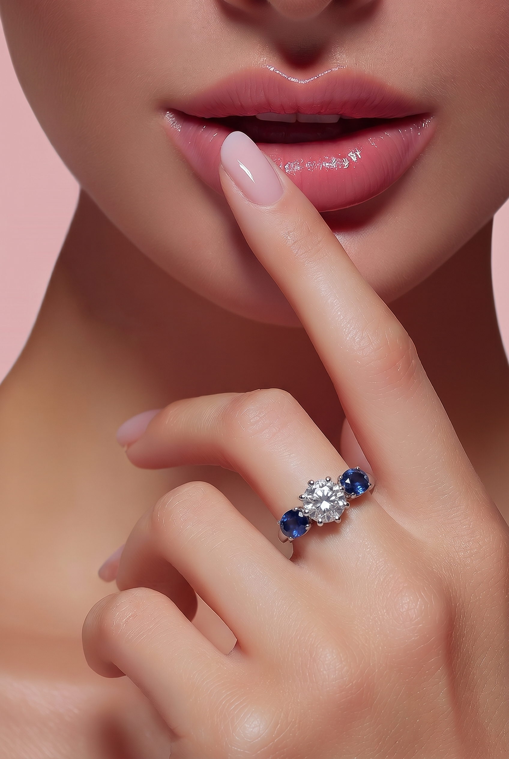 unusual vintage three stone ring in 18ct white gold with a round old cut diamond of approximately 1 carat at the centre, flanked by two oval cut sapphires of approximately 1.4 carats in total.