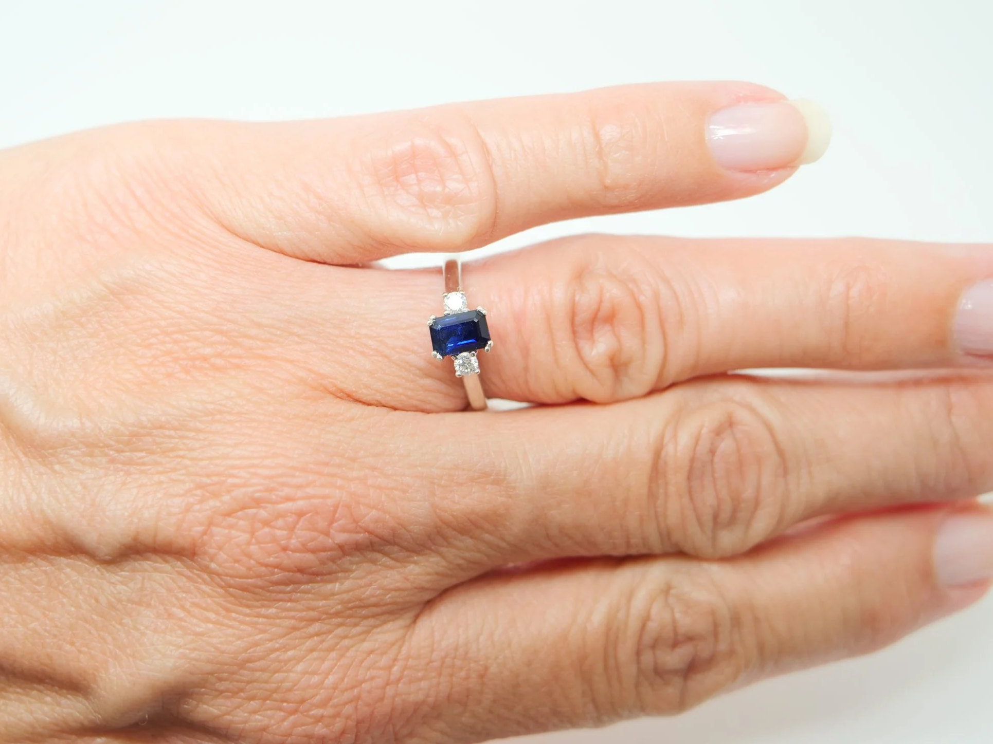 9ct Gold Emerald Cut Sapphire & Diamond Three Stone Ring