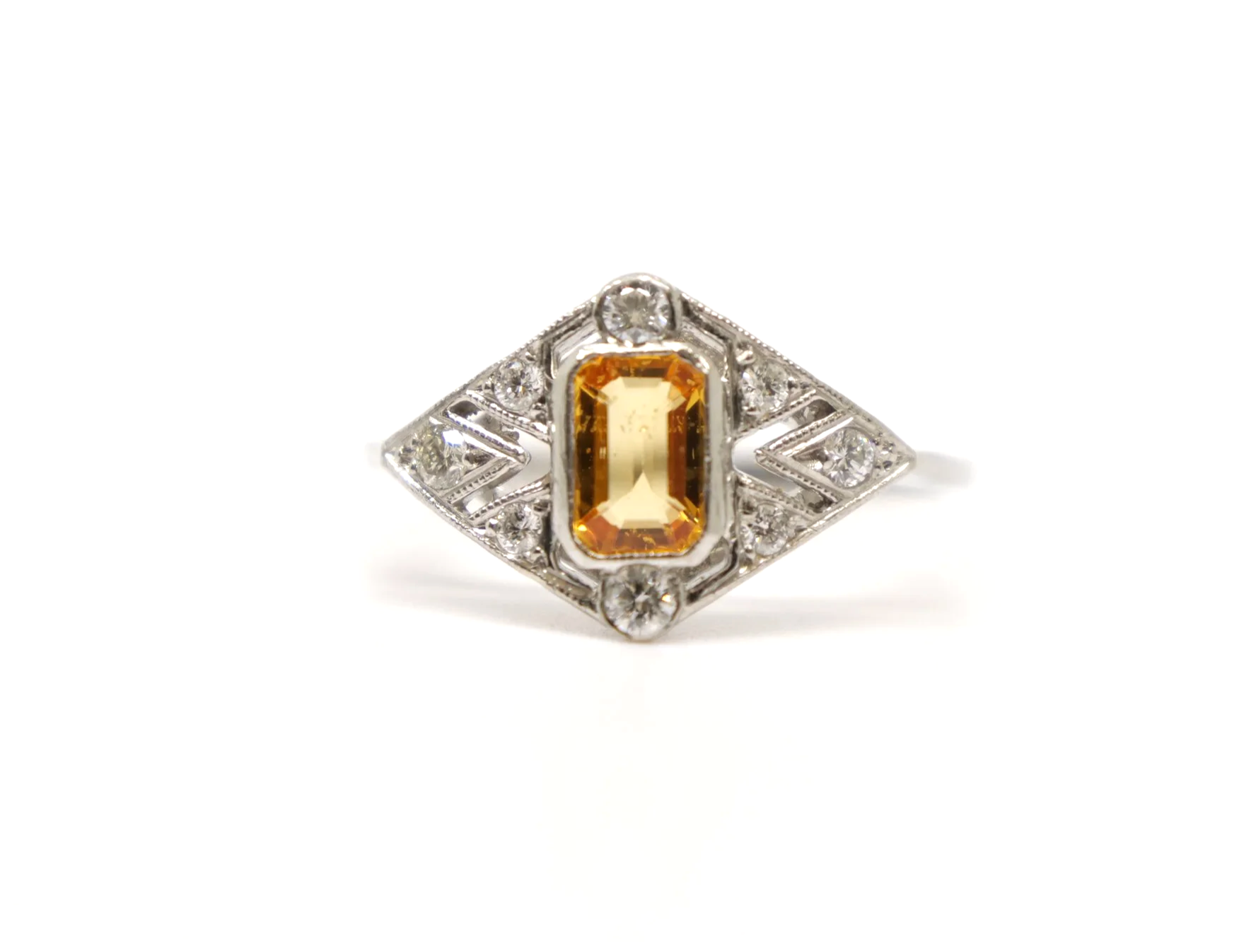Platinum Yellow Sapphire and diamond art deco design ring