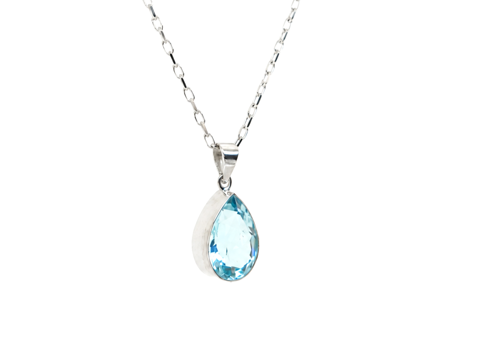 8ct gold blue topaz pendant necklace, pear cut teardrop design