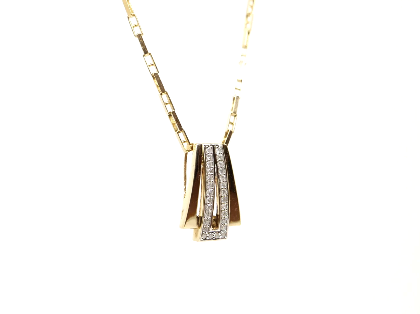 9ct gold diamond pendant necklace with a geometric Art Deco-style design, set with approximately 0.28ct of diamonds.