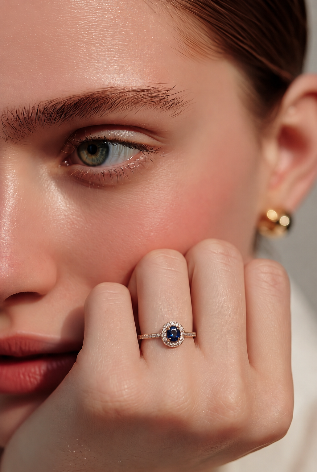Lovely sapphire and diamond halo ring in 18ct white gold, set with a round-cut blue sapphire of approximately 0.35ct, and encircled by a halo of brilliant-cut diamonds