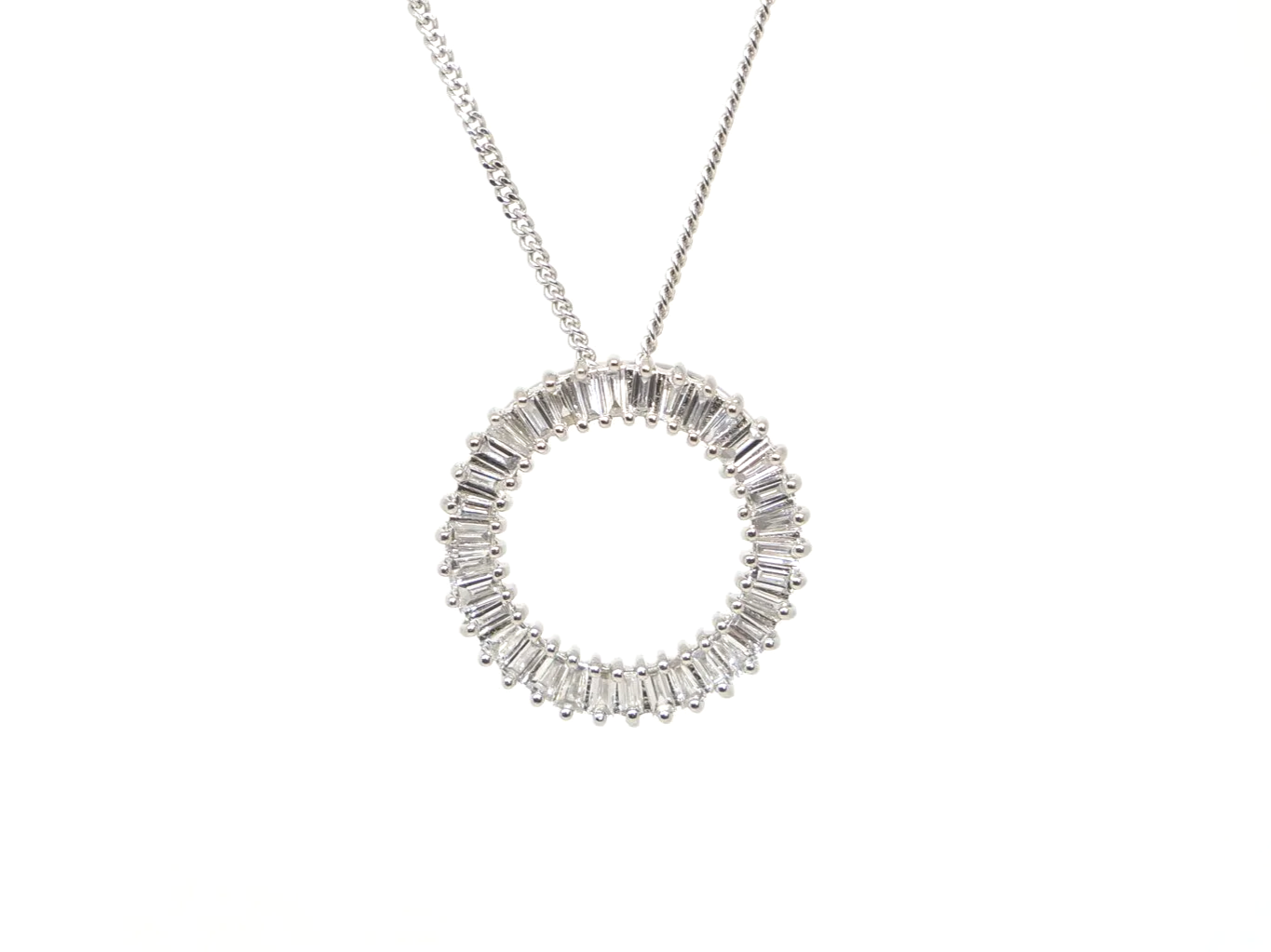 beautiful platinum diamond circle pendant set with baguette cut diamonds