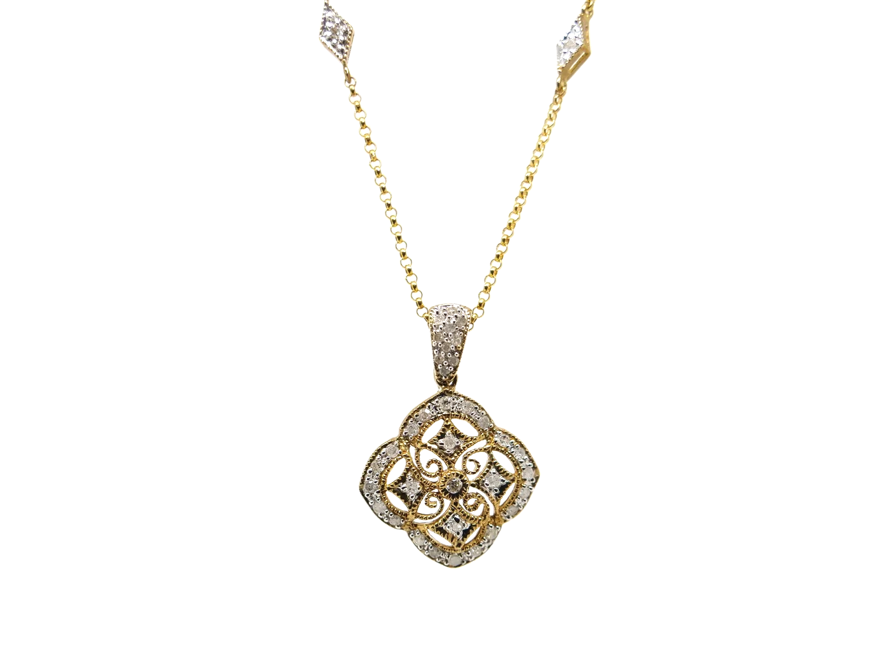 Unusual 9ct gold diamond clover shaped pendant, with beautiful matching chain set with diamonds.