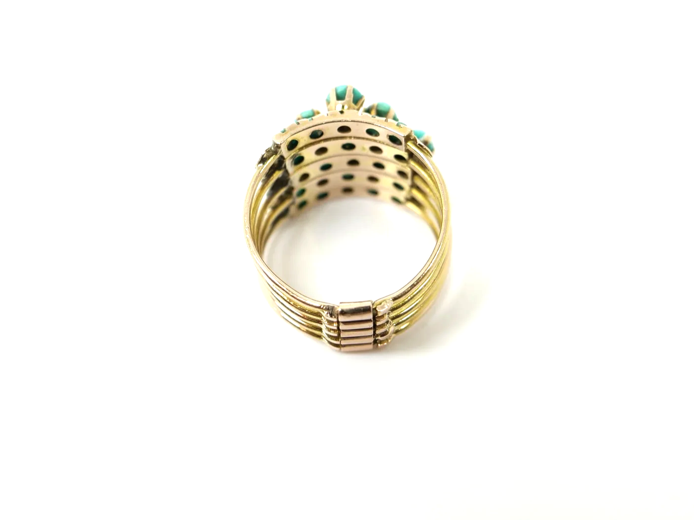 vintage 14ct gold harem ring set with a grid of round turquoise cabochons