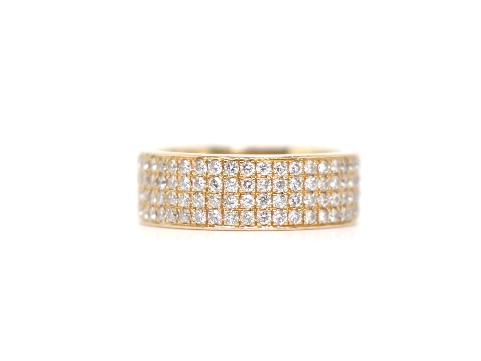 18ct yellow gold full eternity ring set with four continuous rows of round brilliant cut diamonds