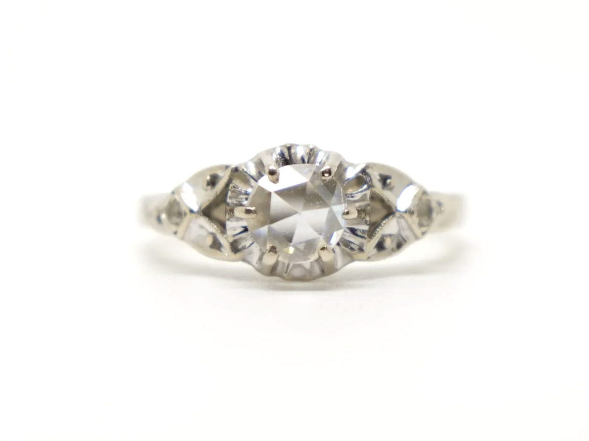 Antique style rose cut diamond solitaire ring in 18ct gold, single rose cut diamond in an openwork setting