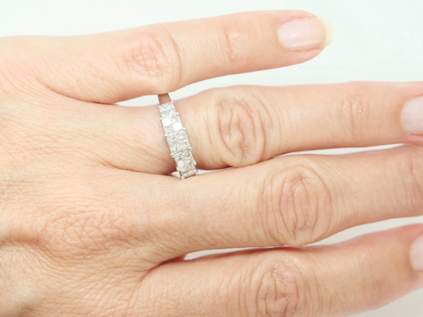 platinum double row princess cut diamond cluster ring