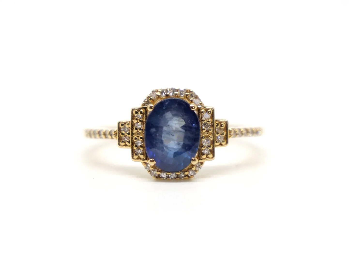 14ct gold sapphire and diamond halo ring, oval blue sapphire with Art Deco style diamond shoulders, UK size N½