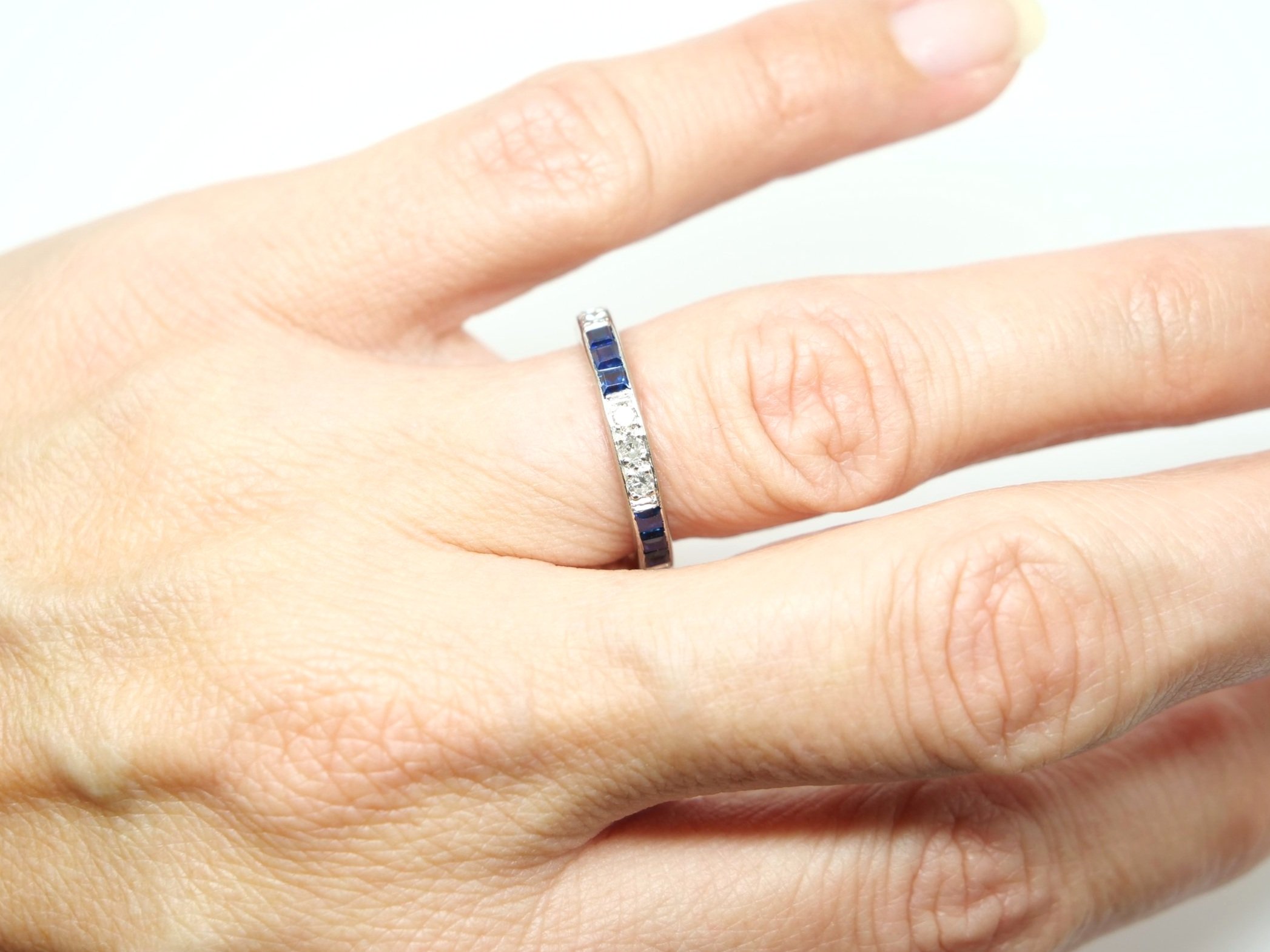 Super vintage 18ct gold sapphire and diamond full eternity ring, set with twelve calibre cut sapphires and twelve diamonds, placed in sets of four around the ring.