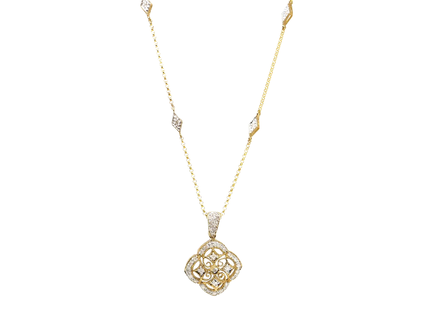 Unusual 9ct gold diamond clover shaped pendant, with beautiful matching chain set with diamonds.