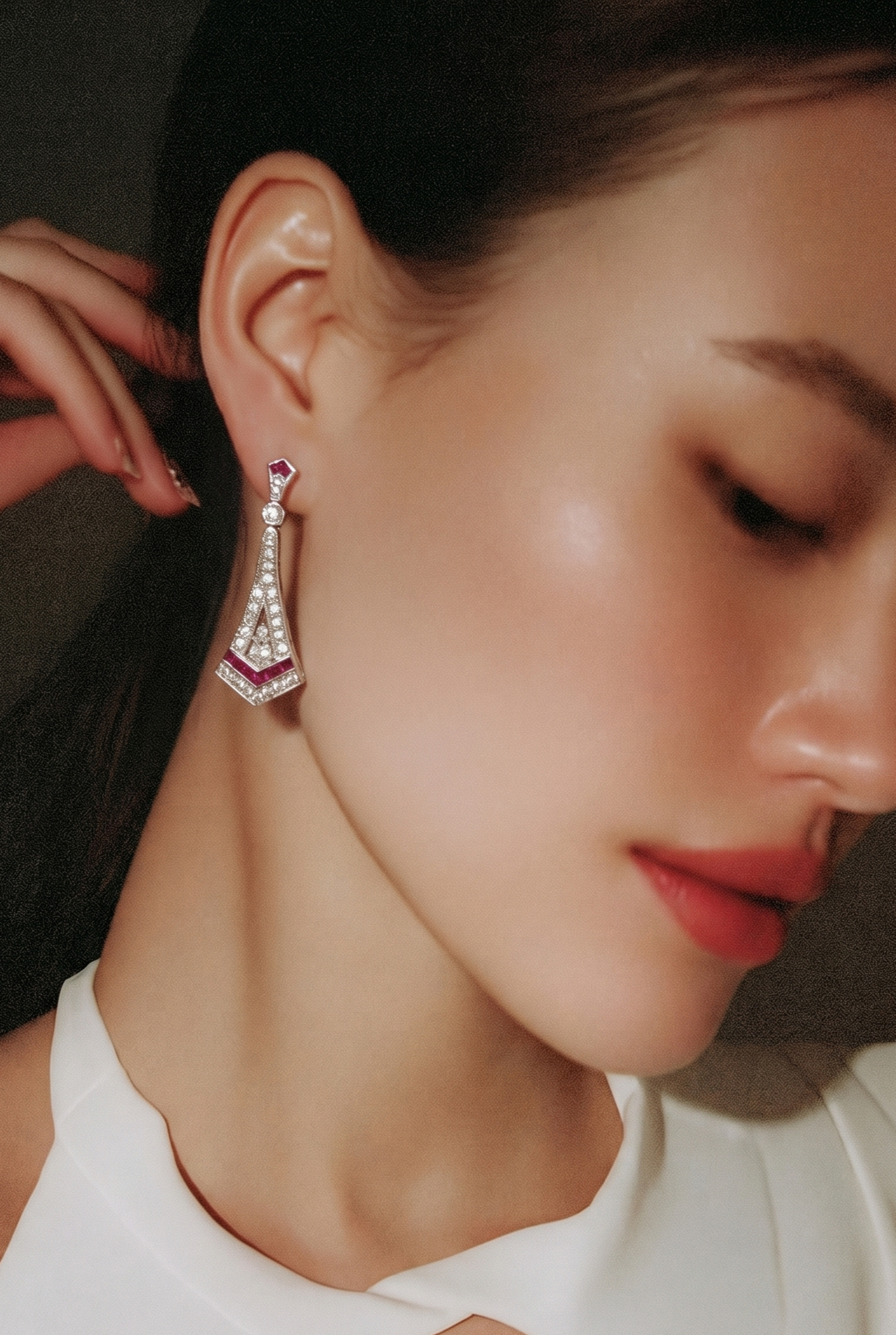 18ct gold art deco design ruby and diamond drop earrings