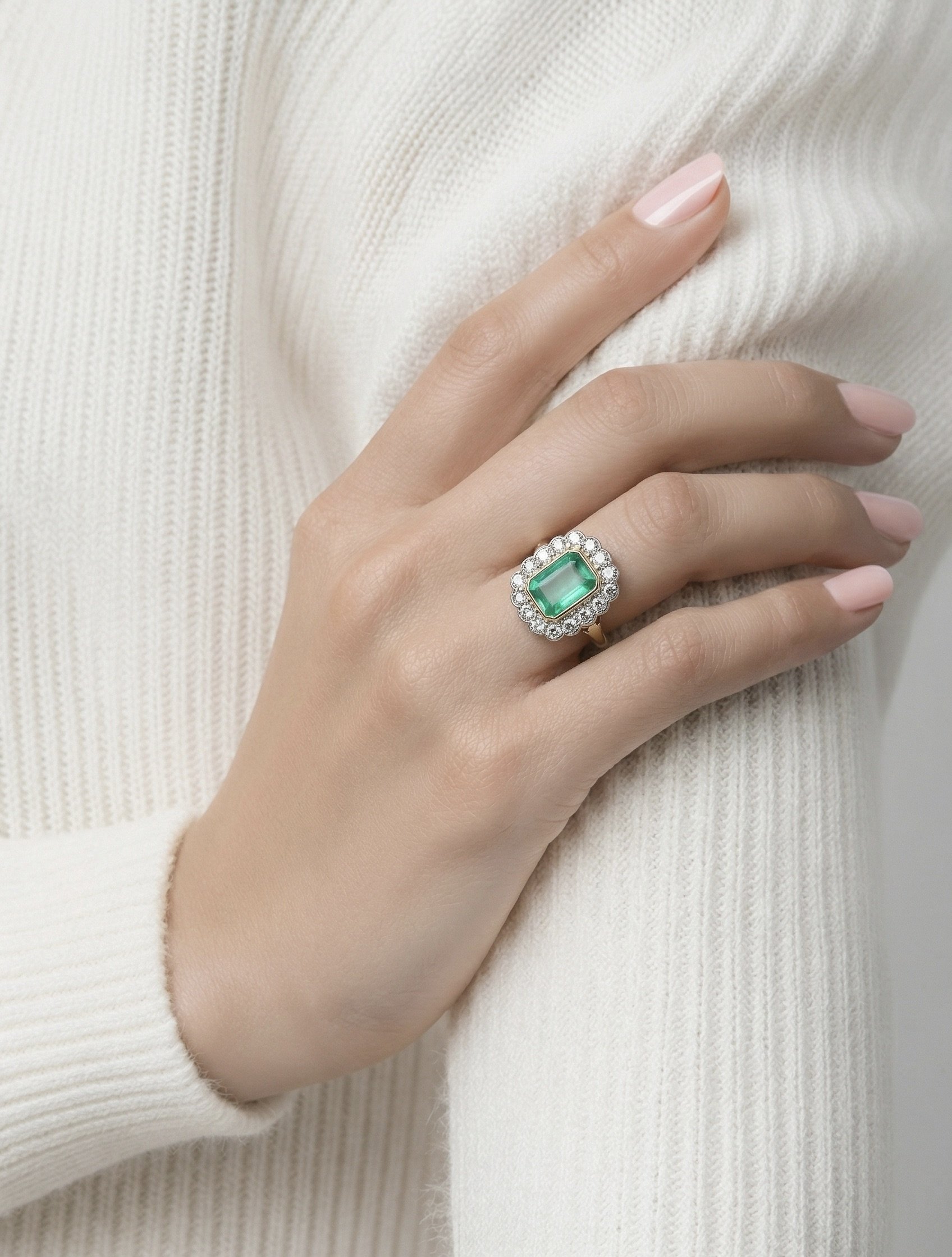 Stunning 18ct gold emerald and diamond ring, set with an emerald cut emerald of approximately 1.6ct, surrounded by brilliant cut diamonds.
