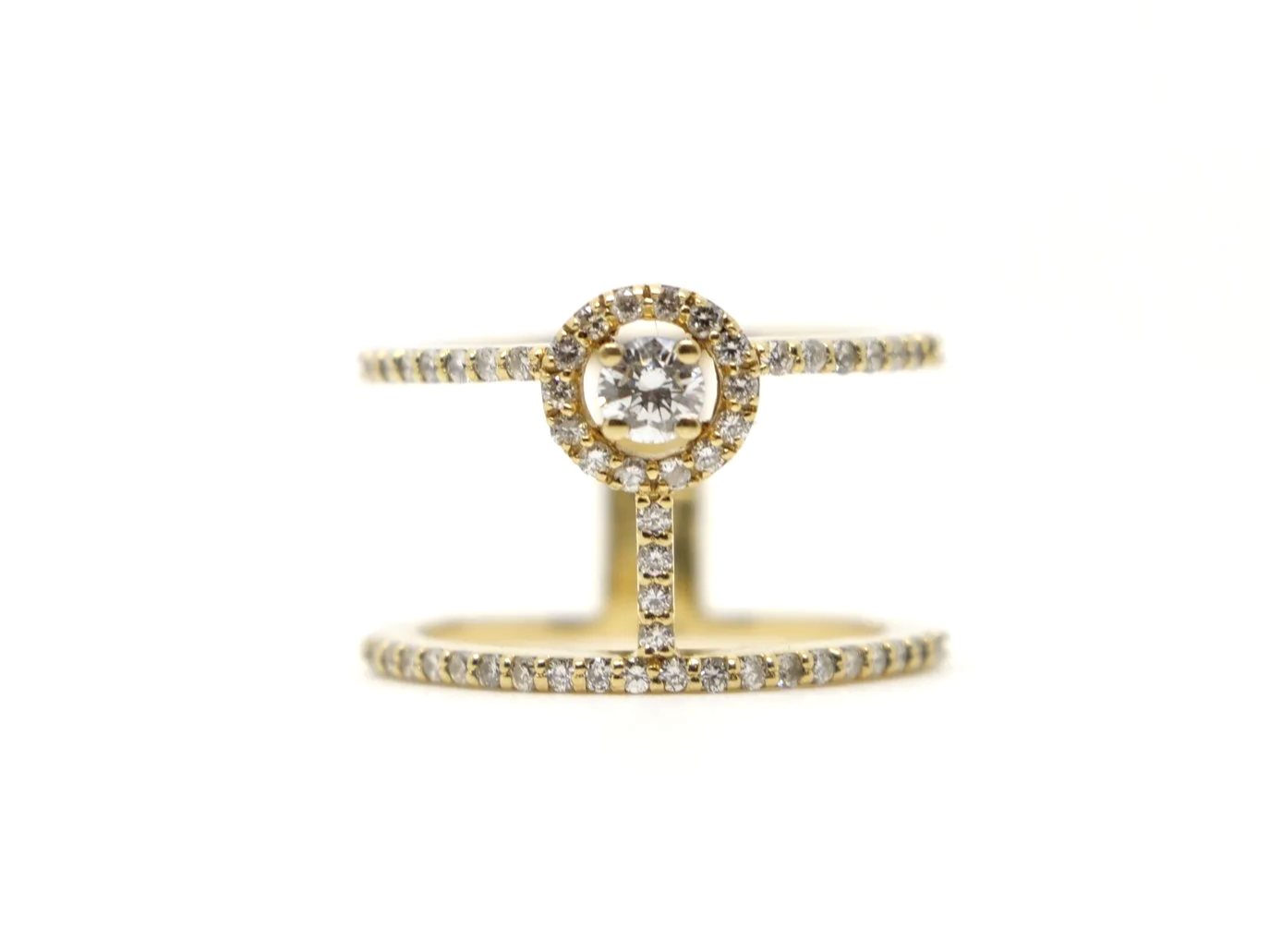 Contemporary 18ct gold T bar design double band diamond ring, set with a central brilliant cut halo diamond and with two diamond bands.