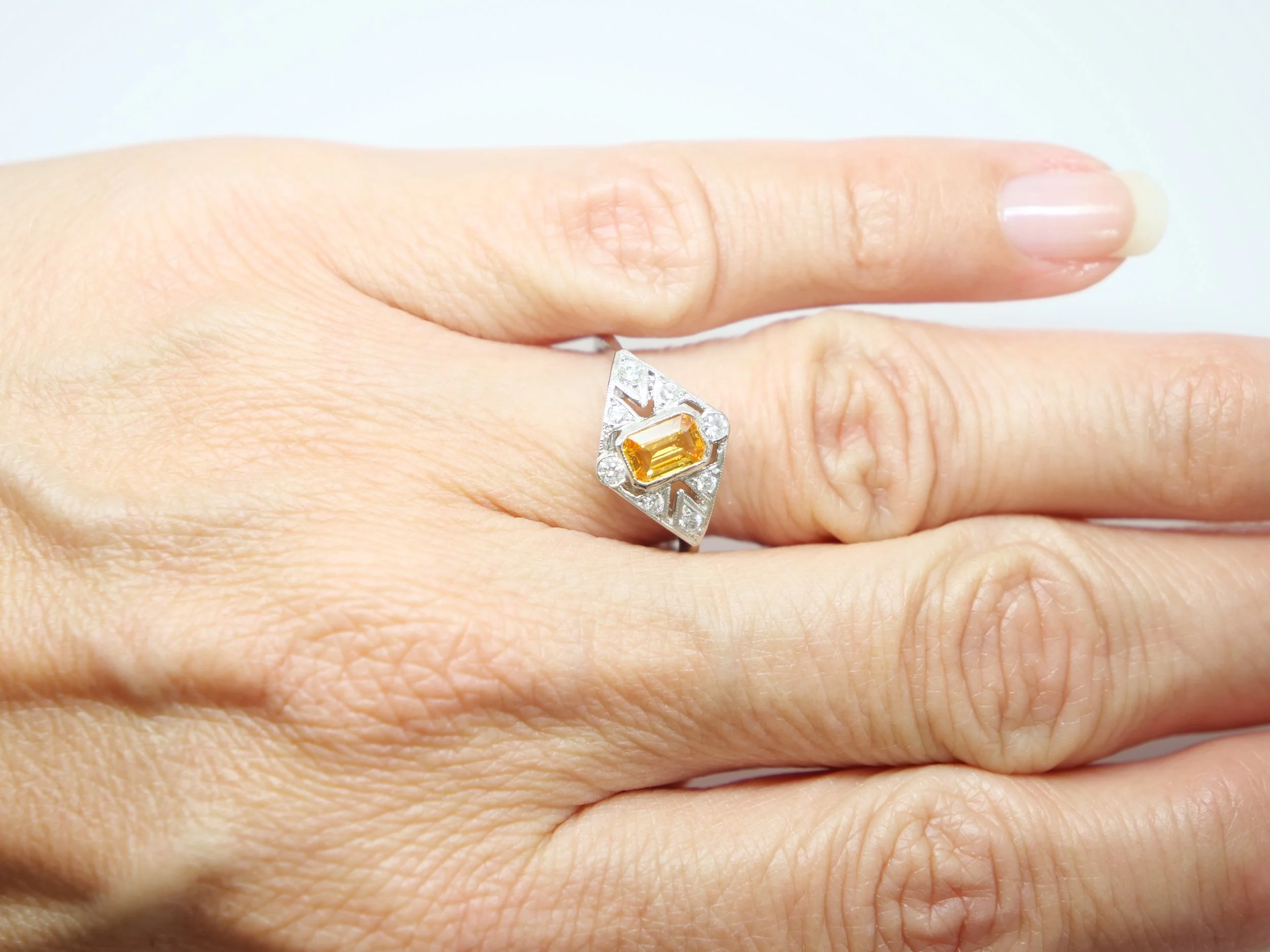 Platinum Yellow Sapphire and diamond art deco design ring