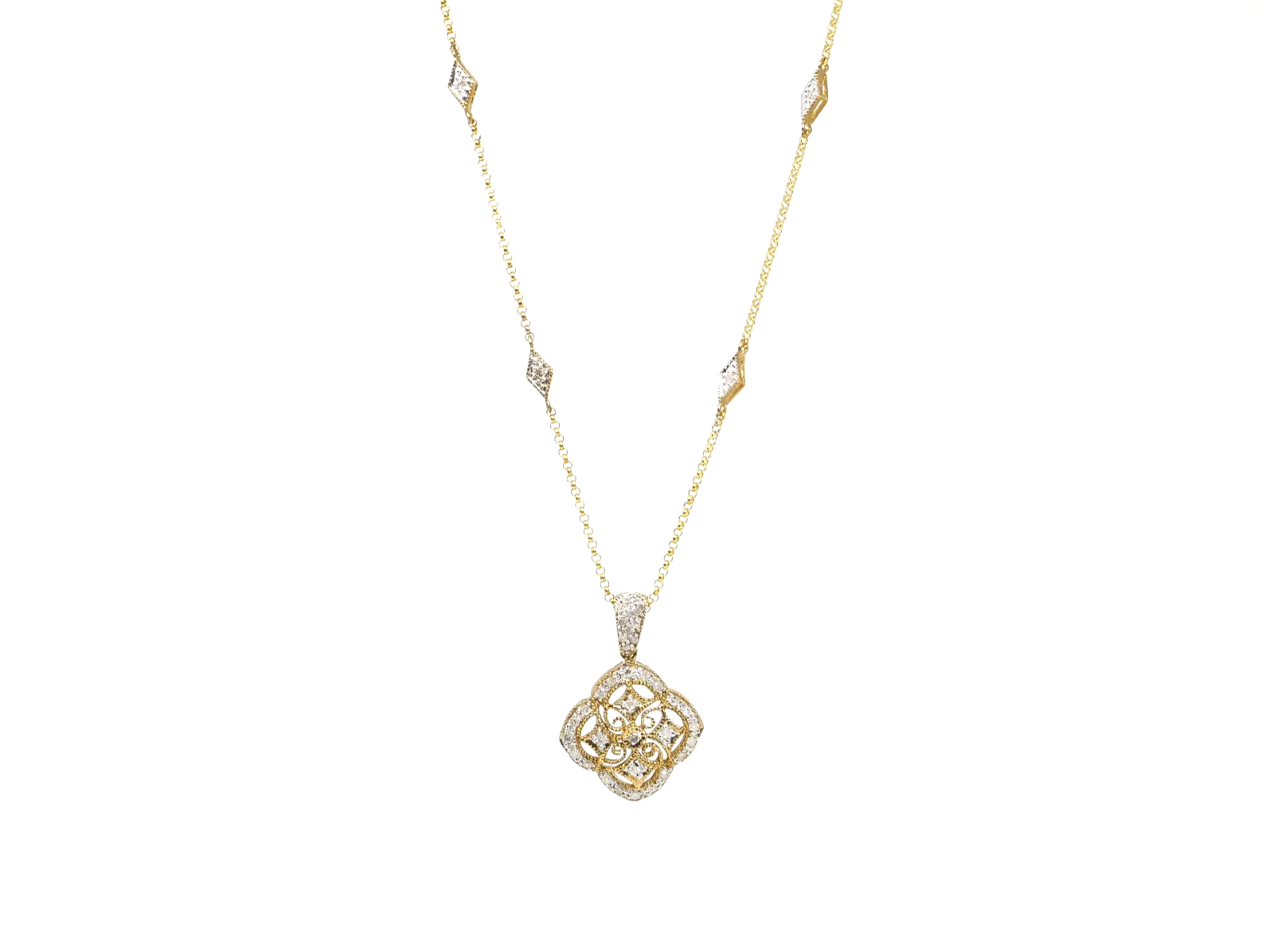 Unusual 9ct gold diamond clover shaped pendant, with beautiful matching chain set with diamonds.