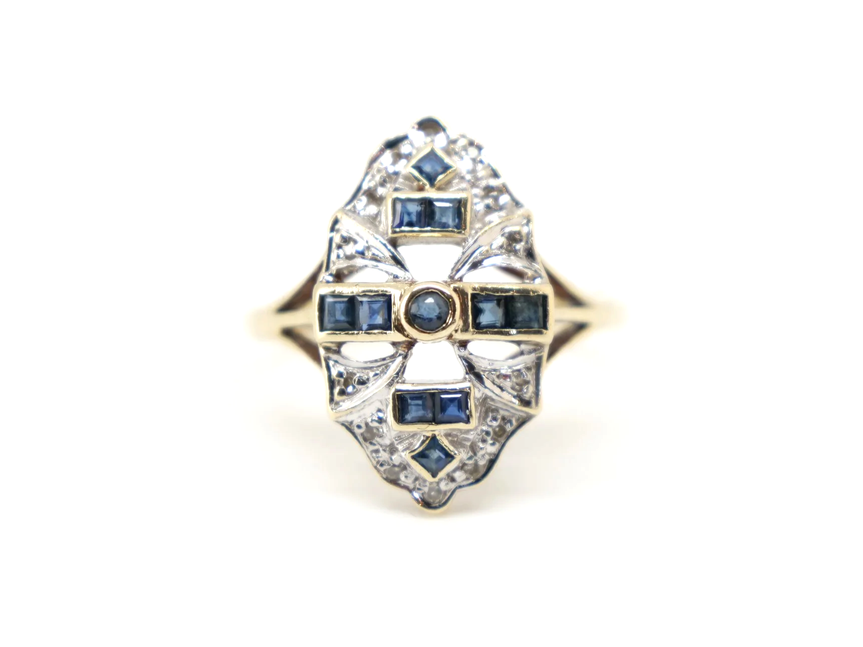 9ct gold sapphire and diamond Art Deco style navette ring