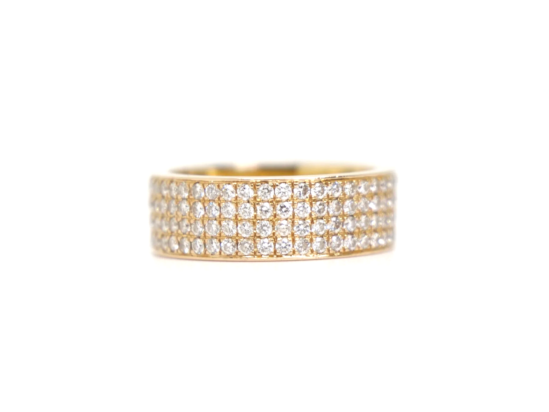 18ct yellow gold full eternity ring set with four continuous rows of round brilliant cut diamonds