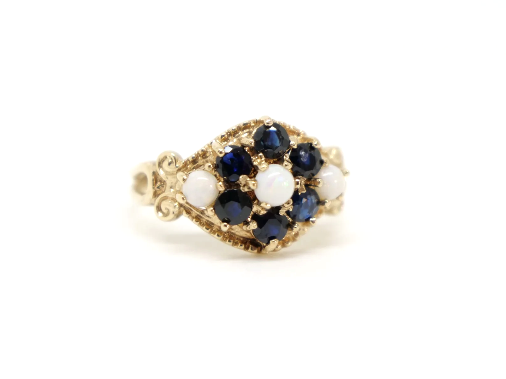 vintage opal and sapphire cluster ring in 9ct yellow gold