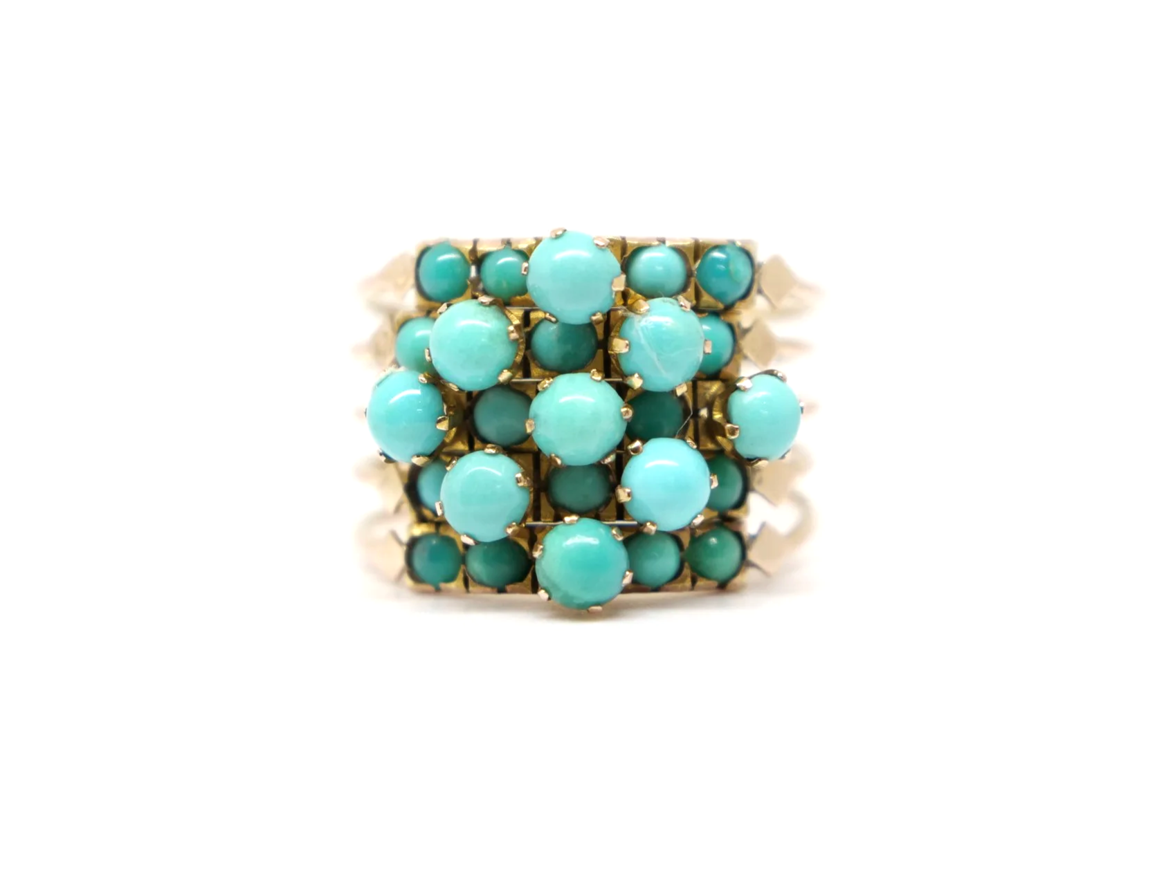 vintage 14ct gold harem ring set with a grid of round turquoise cabochons
