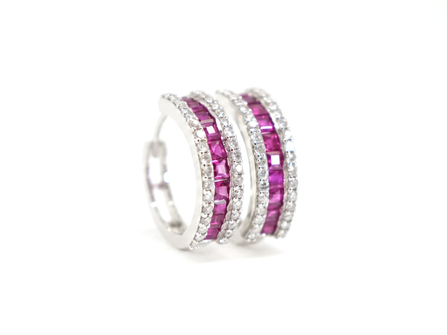 18ct white gold hoop earrings with channel-set rubies bordered by pavé diamonds