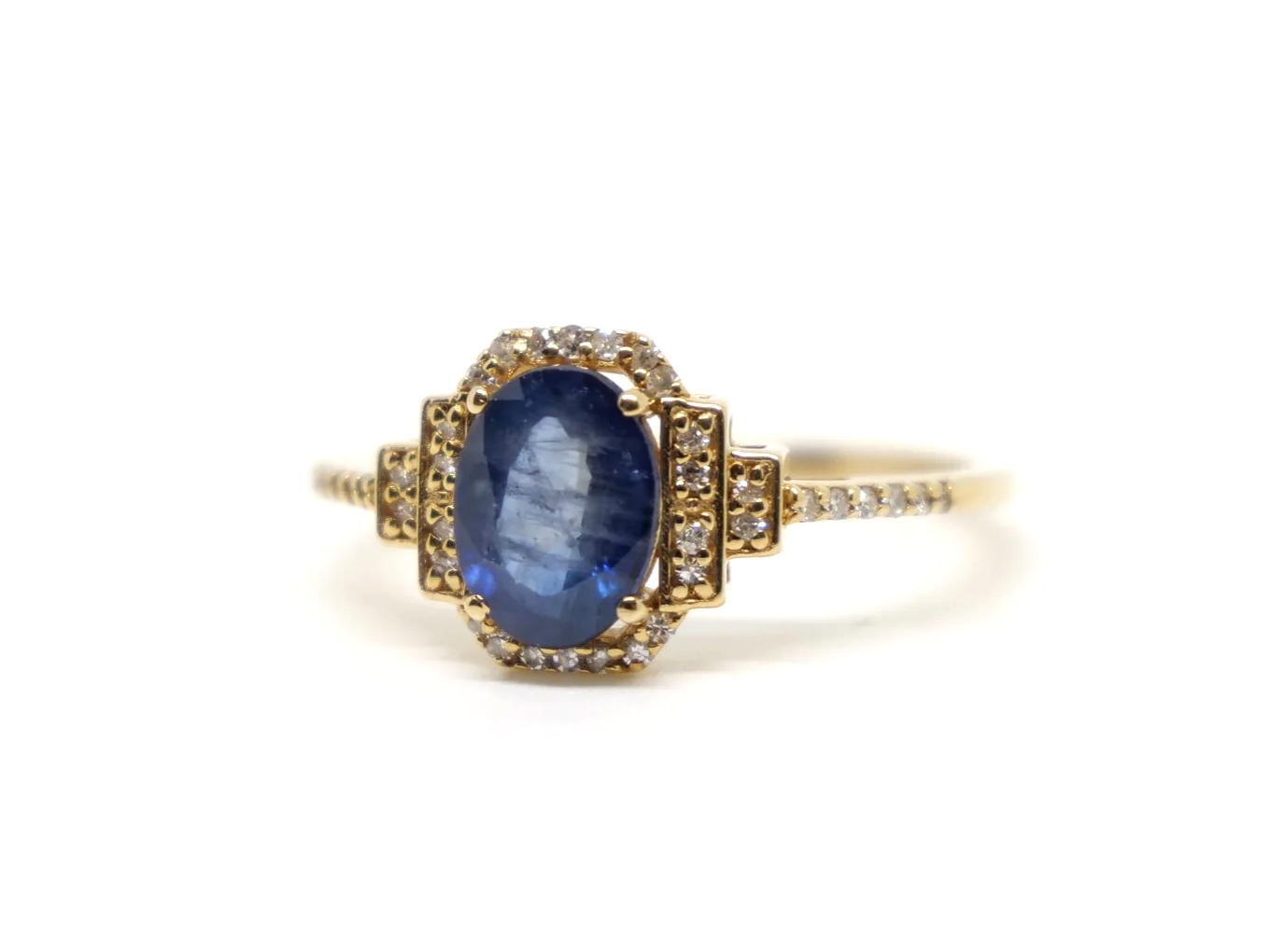 14ct gold sapphire and diamond halo ring, oval blue sapphire with Art Deco style diamond shoulders, UK size N½