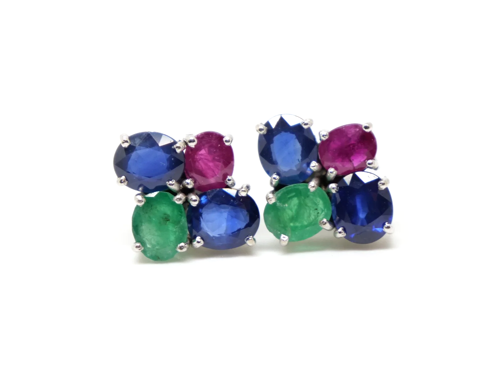 Beautiful bespoke 18ct gold sapphire, emerald and ruby earrings, set with two lovely oval cut sapphires, a ruby and an emerald in each.