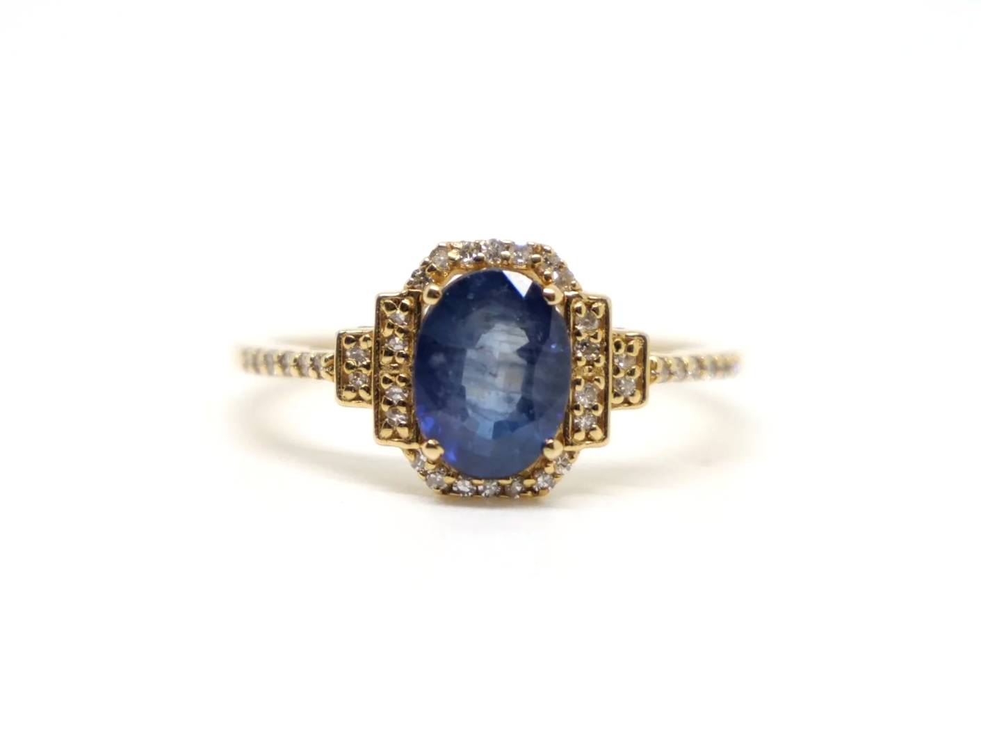 14ct gold sapphire and diamond halo ring, oval blue sapphire with Art Deco style diamond shoulders, UK size N½