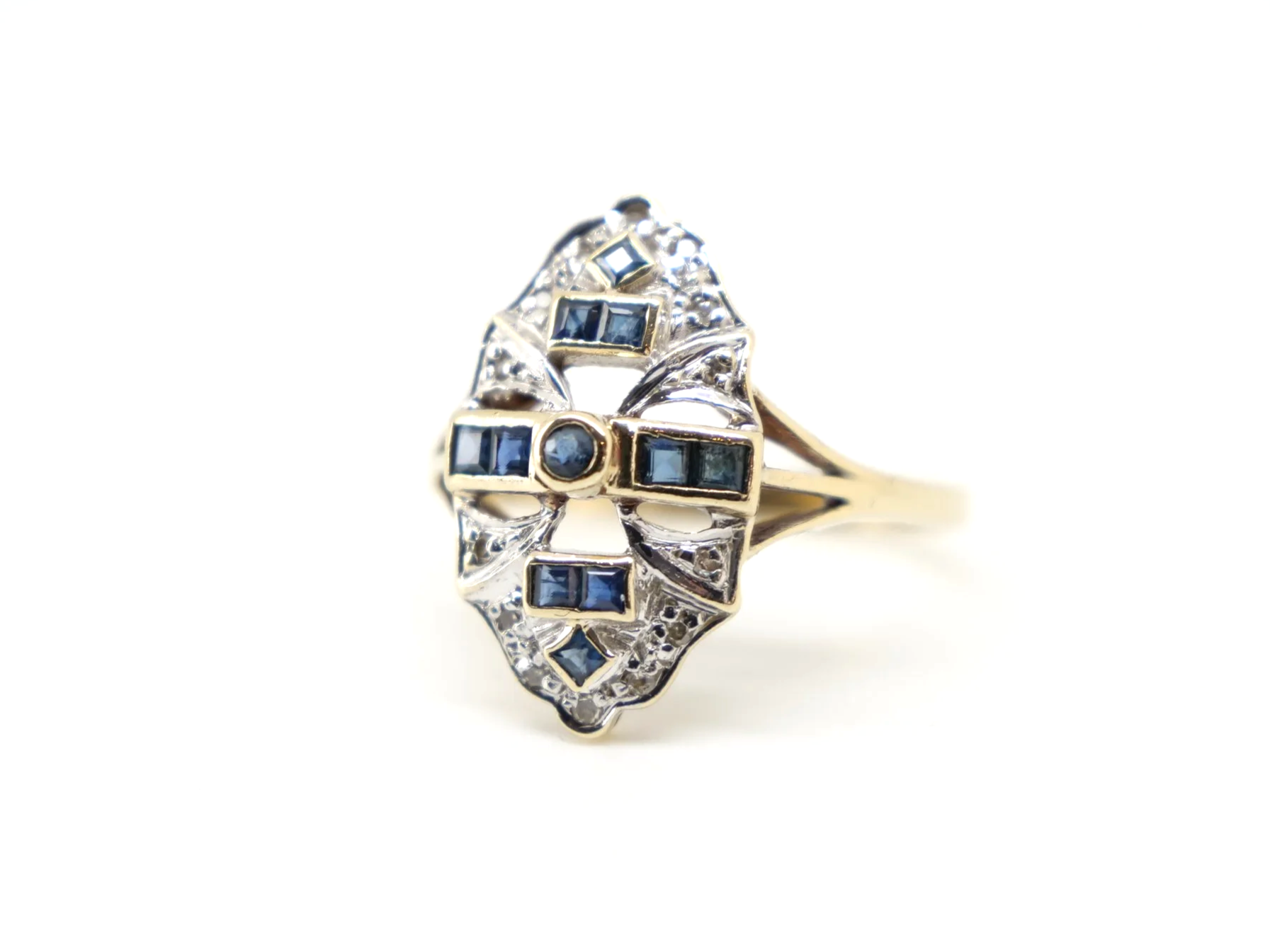 9ct gold sapphire and diamond Art Deco style navette ring