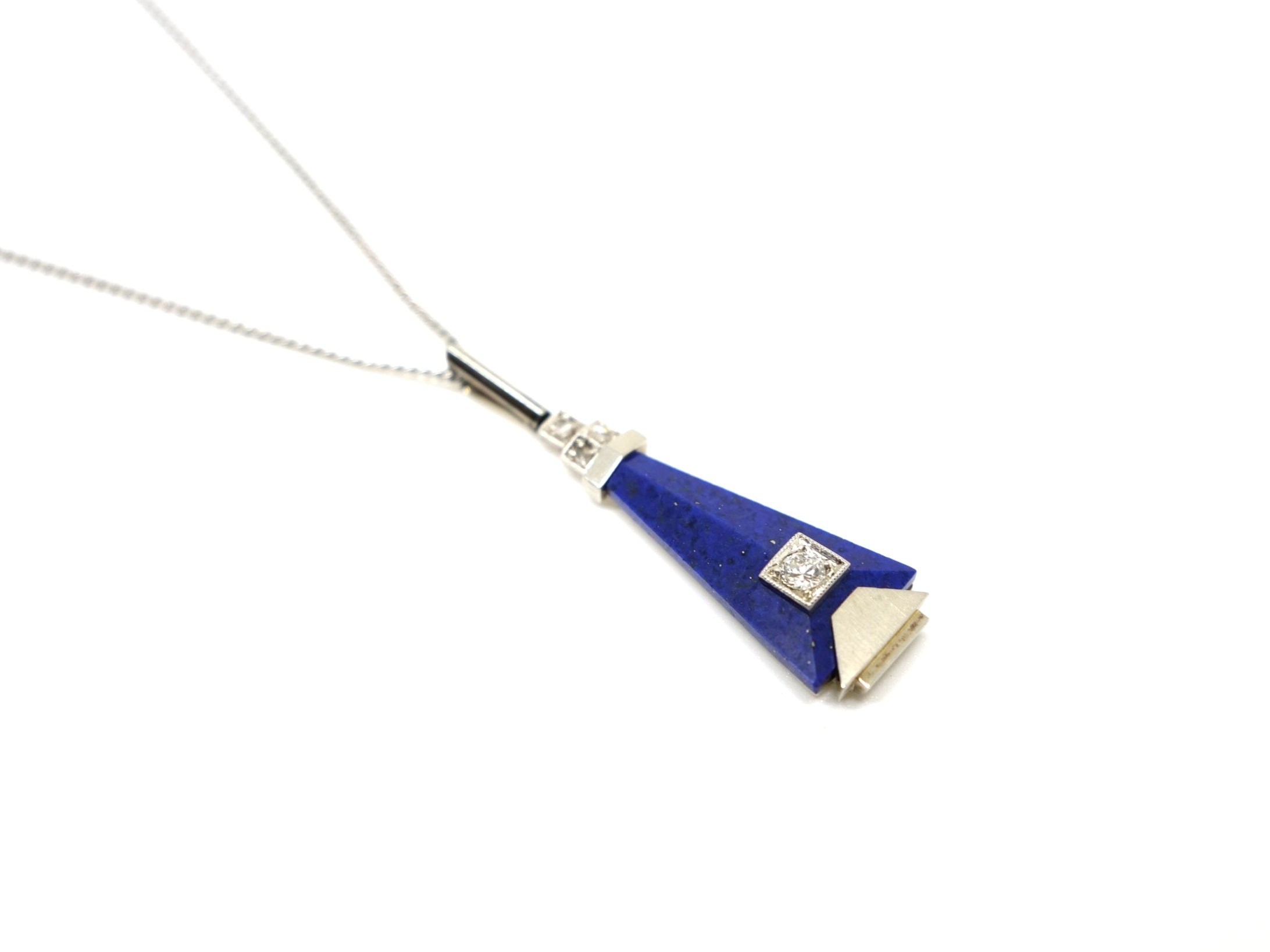 Lovely late Art Deco 18ct gold and platinum lapis lazuli and diamond pendant, set with old cut diamonds. With 16” 18ct gold chain.