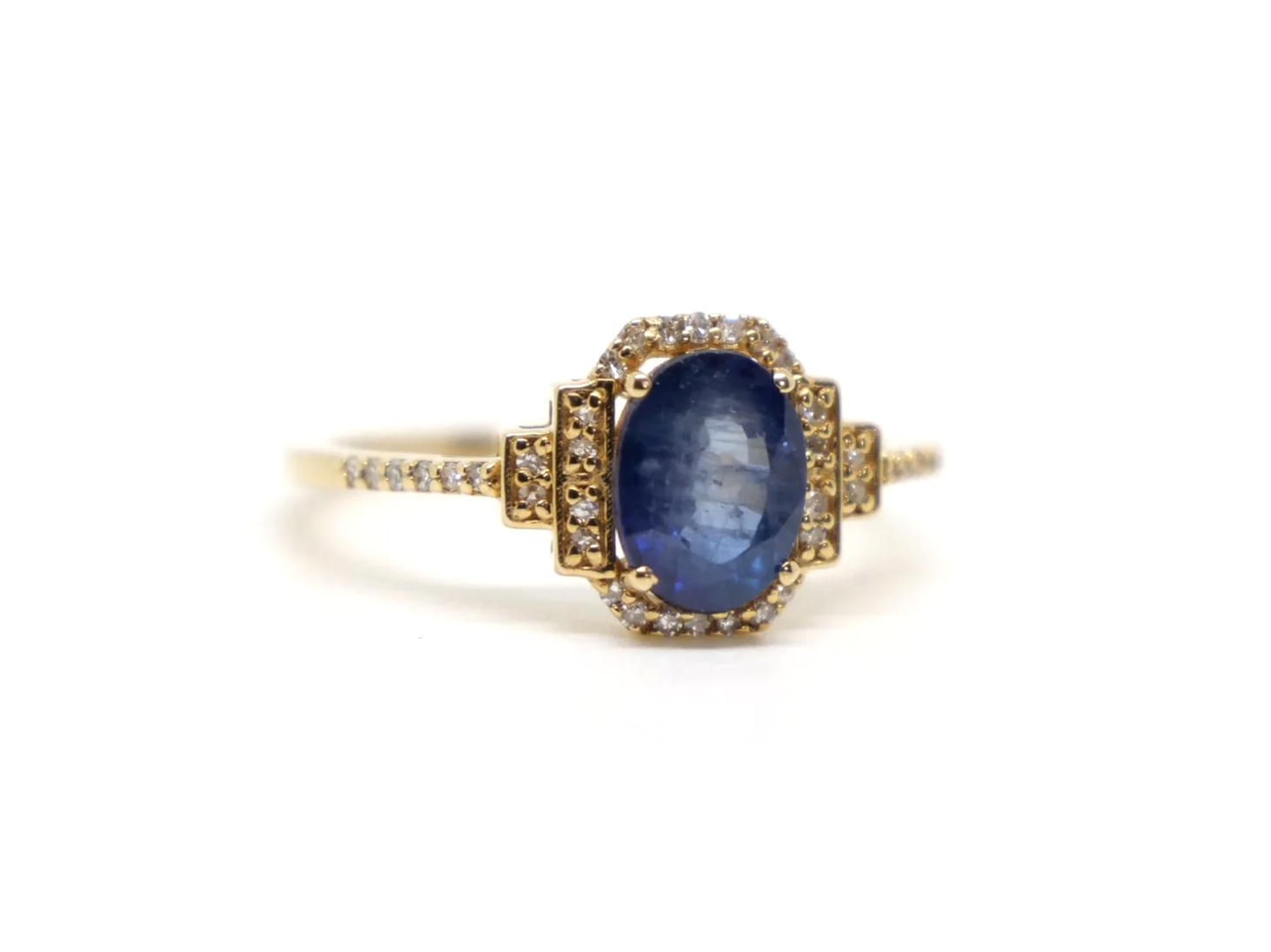 14ct gold sapphire and diamond halo ring, oval blue sapphire with Art Deco style diamond shoulders, UK size N½