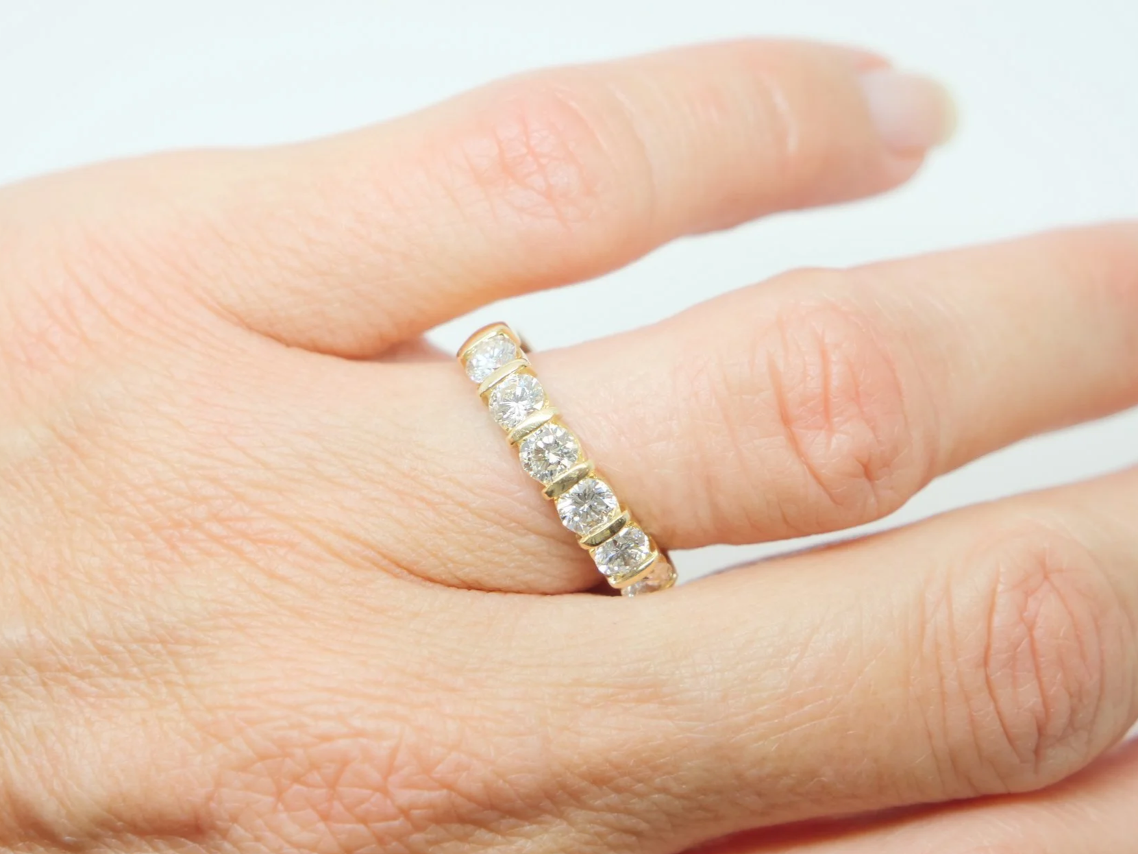 Super vintage 18ct gold diamond ring, set with six beautiful brilliant cut diamonds in this half eternity style. Approximately 1.5ct diamonds total.