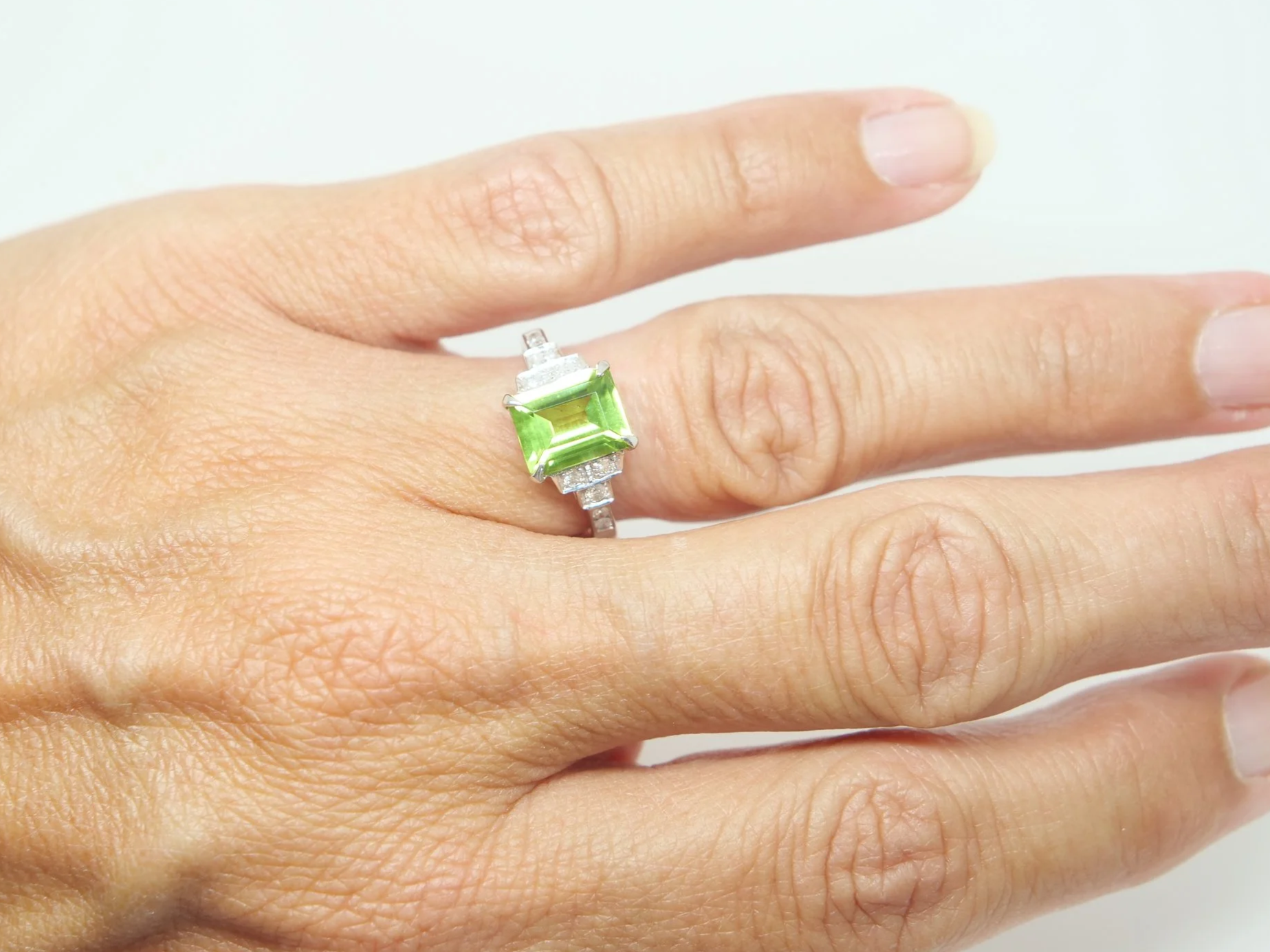 9ct gold peridot and diamond Art Deco style ring