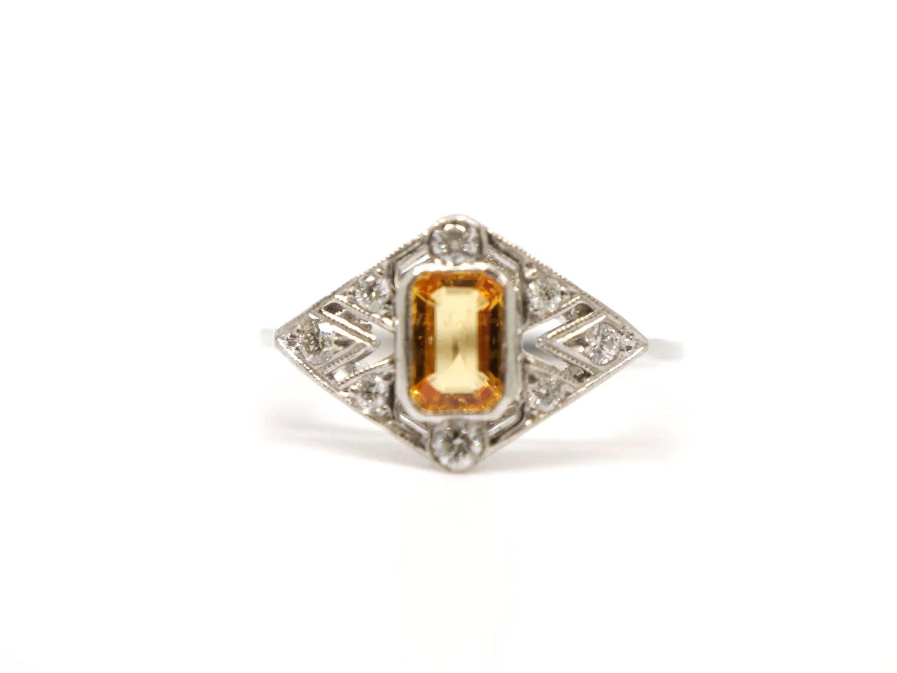 Platinum Yellow Sapphire and diamond art deco design ring
