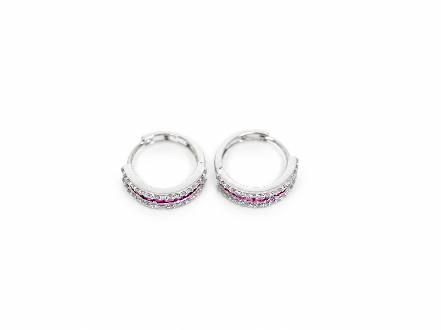 18ct white gold hoop earrings with channel-set rubies bordered by pavé diamonds