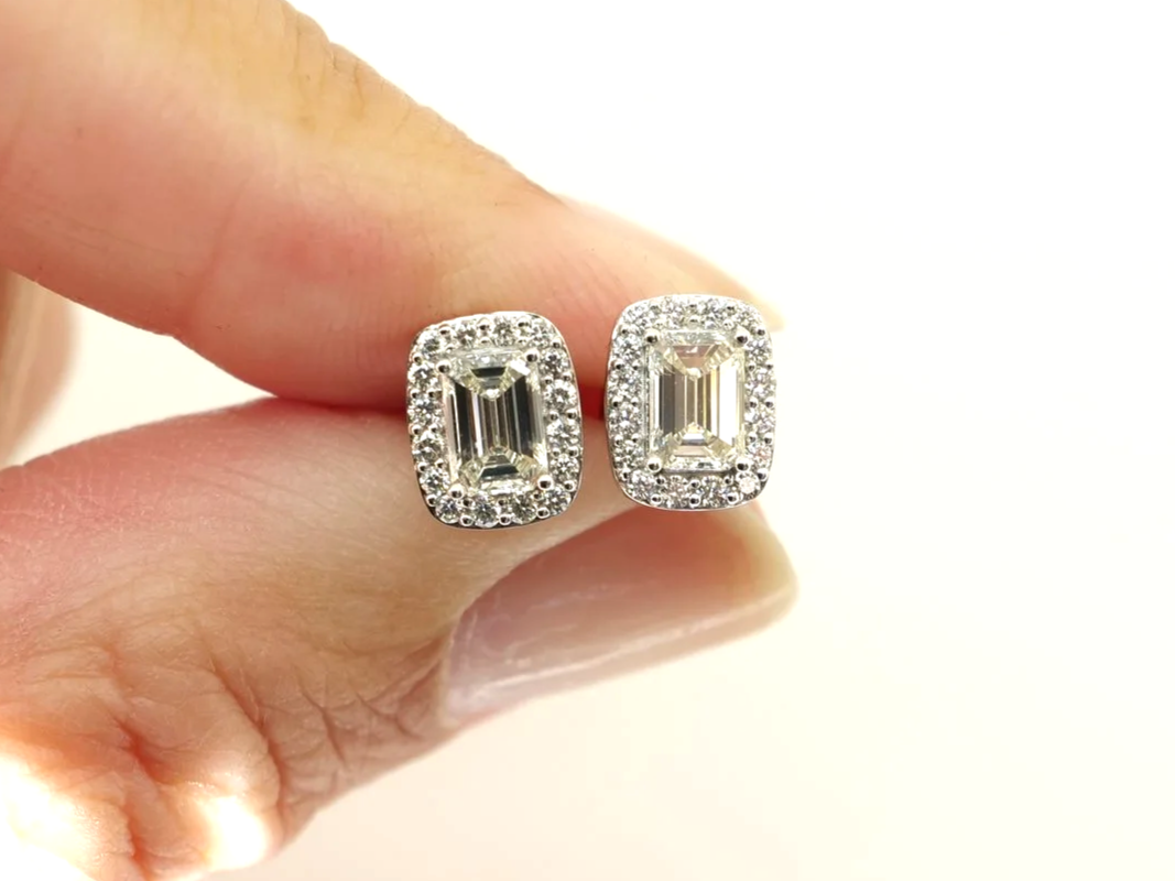 18ct white gold emerald cut diamond halo stud earrings