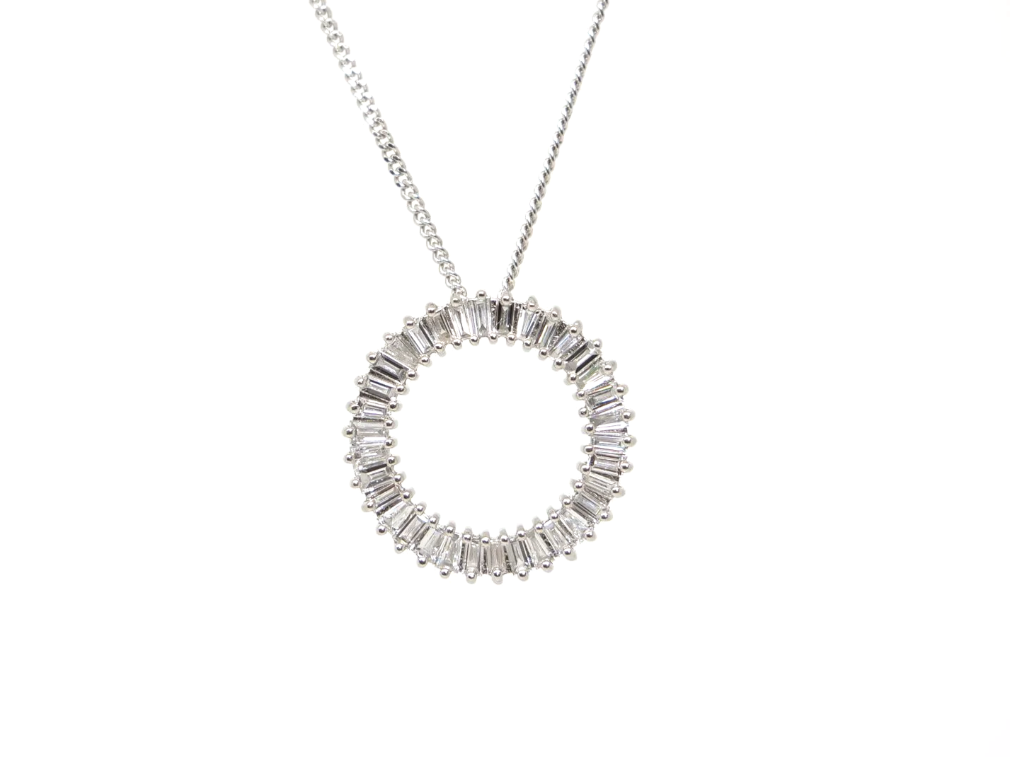 beautiful platinum diamond circle pendant set with baguette cut diamonds