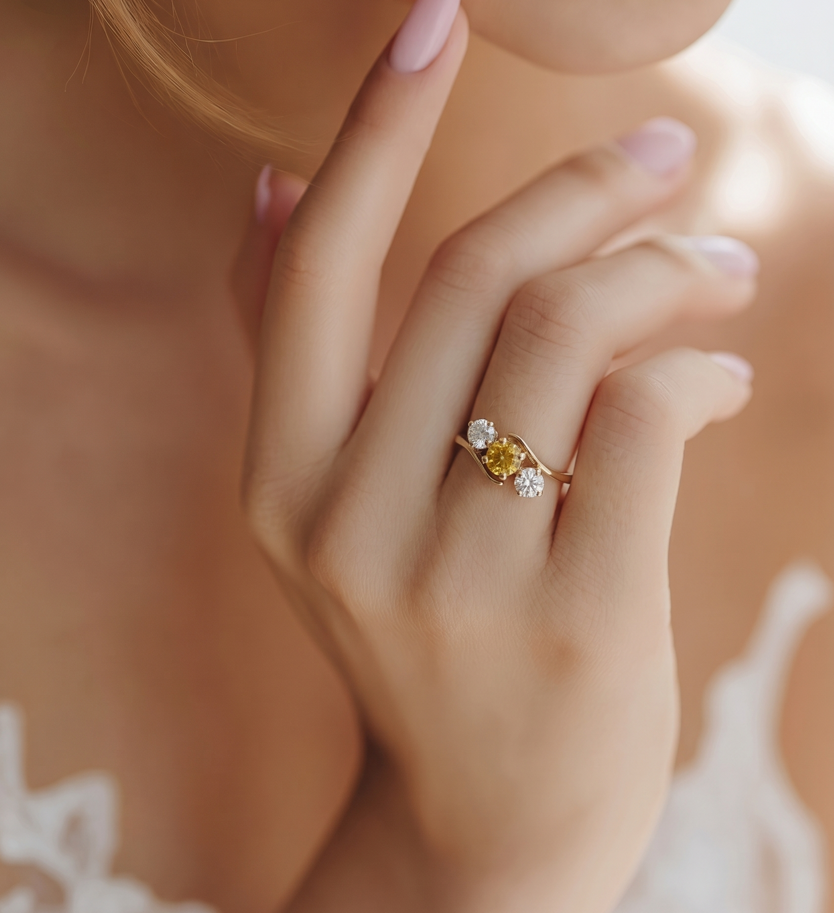 Lovely 14ct gold vintage twist design ring set with a yellow sapphire and two brilliant cut diamonds.