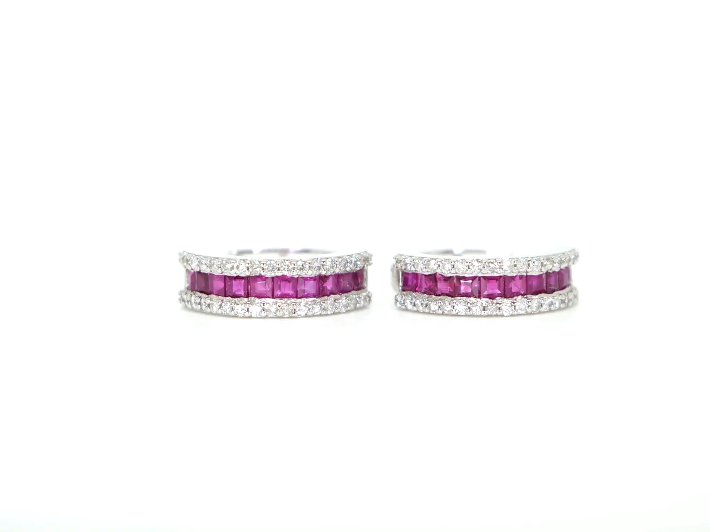 18ct white gold hoop earrings with channel-set rubies bordered by pavé diamonds