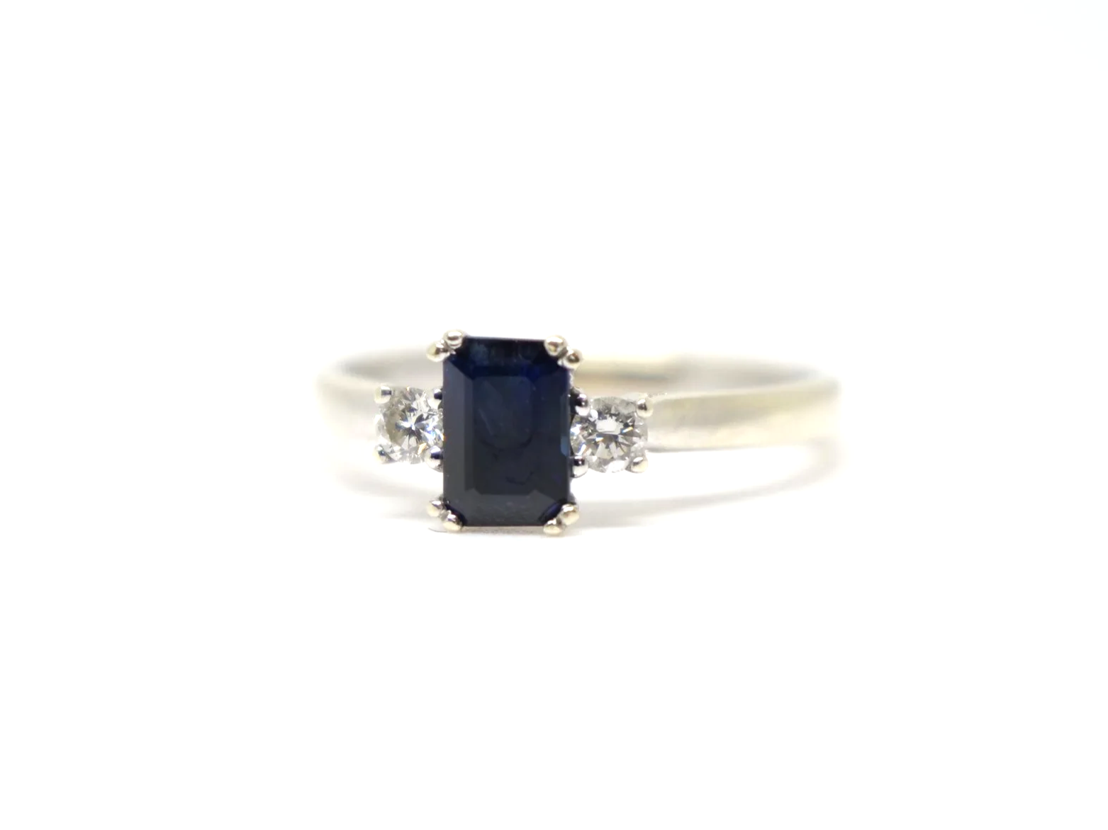 9ct Gold Emerald Cut Sapphire & Diamond Three Stone Ring