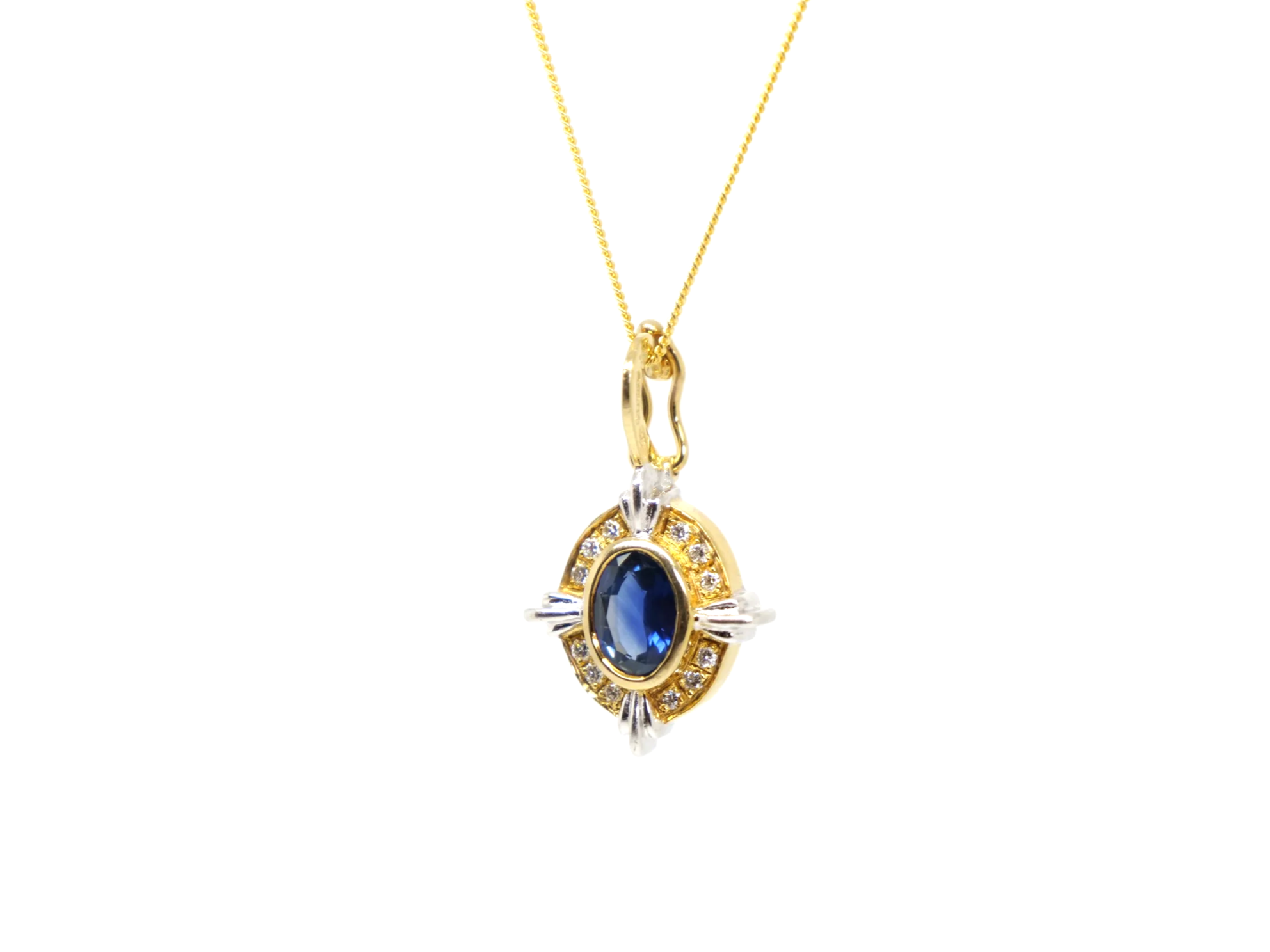 Super 18ct gold vintage 1ct sapphire and diamond pendant and chain.
